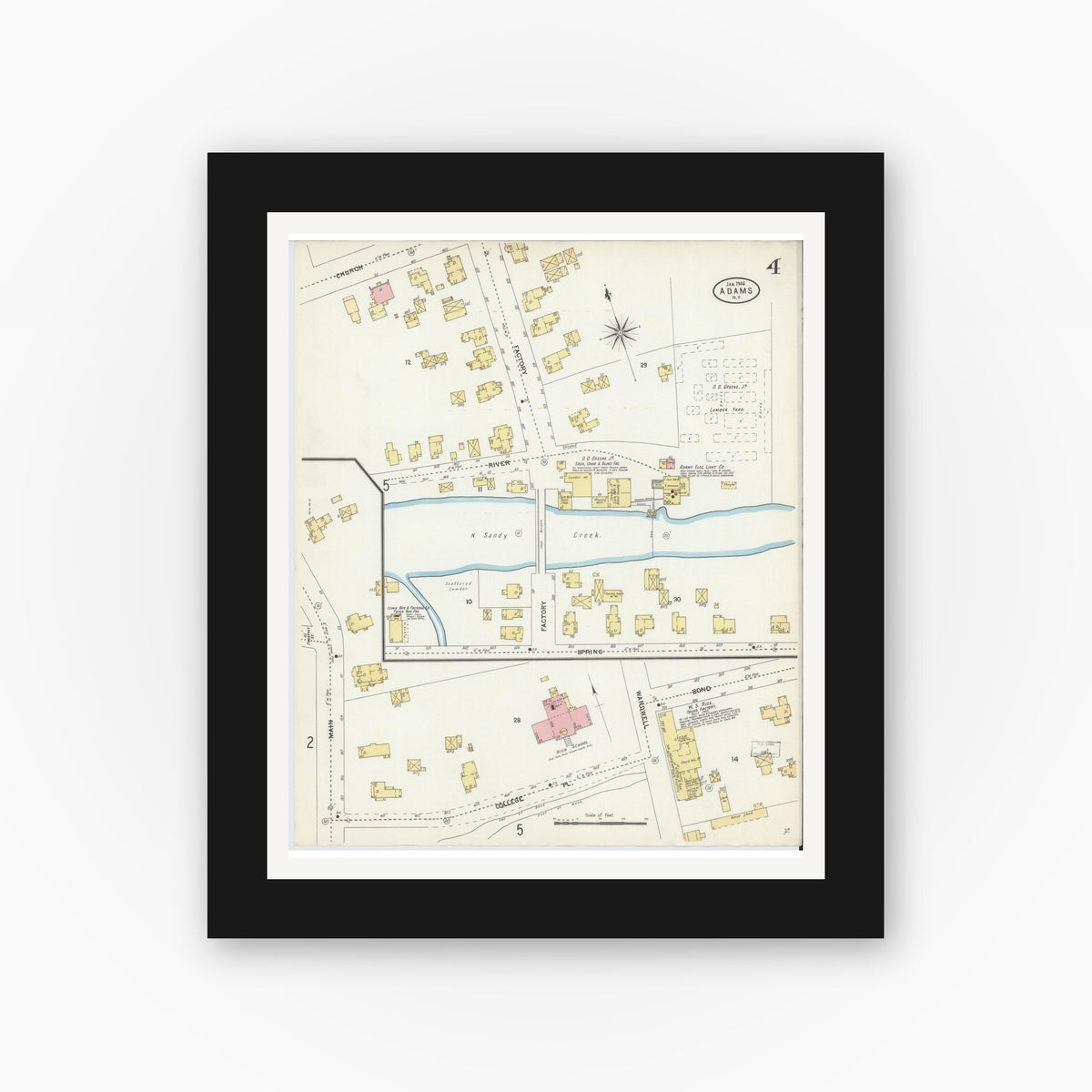 Old map wall art mockup — black gallery frame with white mat — Sanborn Fire Insurance Map from Adams, Jefferson County, New York (1906), Sheet #0004