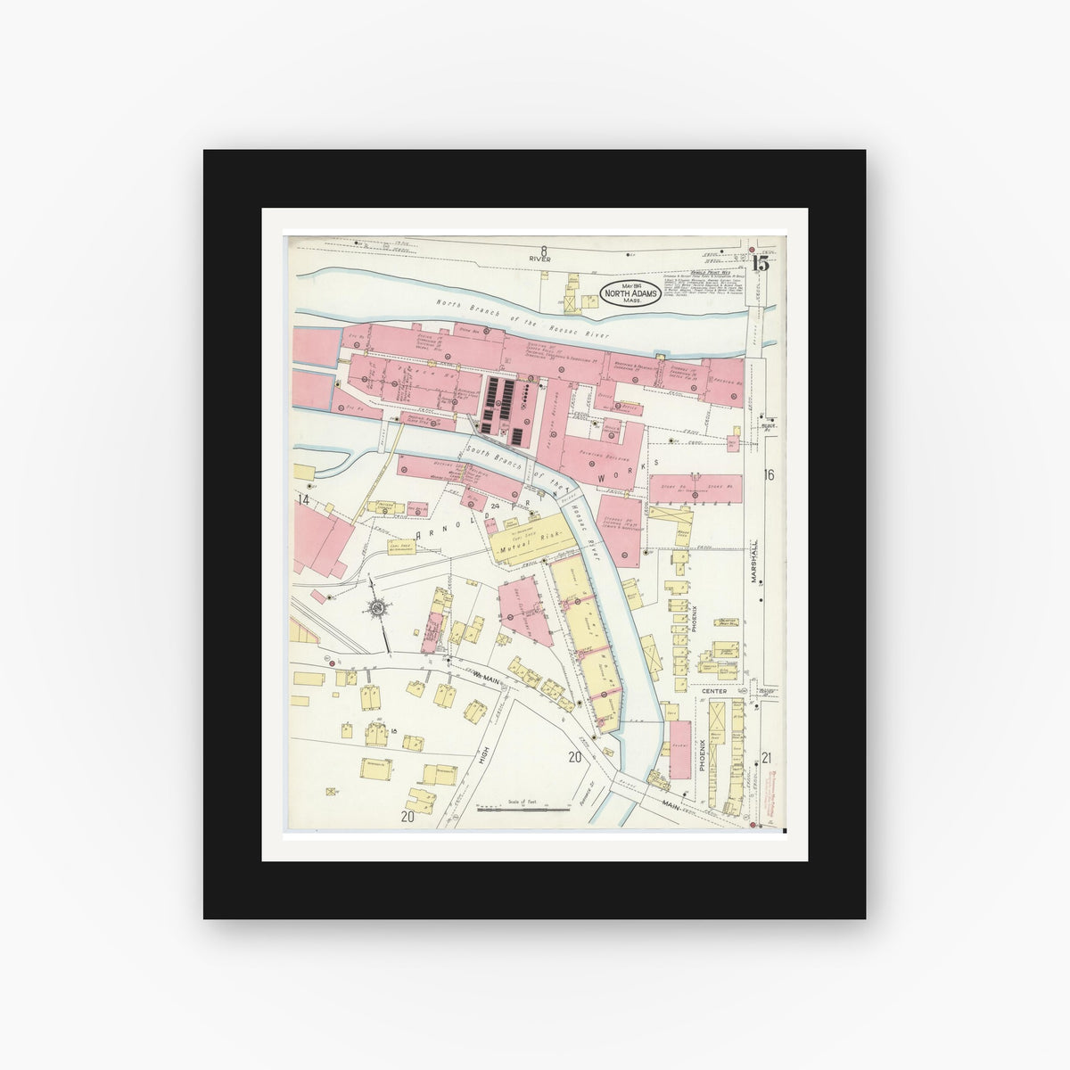 Old map wall art mockup — black gallery frame with white mat — Sanborn Fire Insurance Map from North Adams, Berkshire County, Massachusetts (1914), Sheet #0015