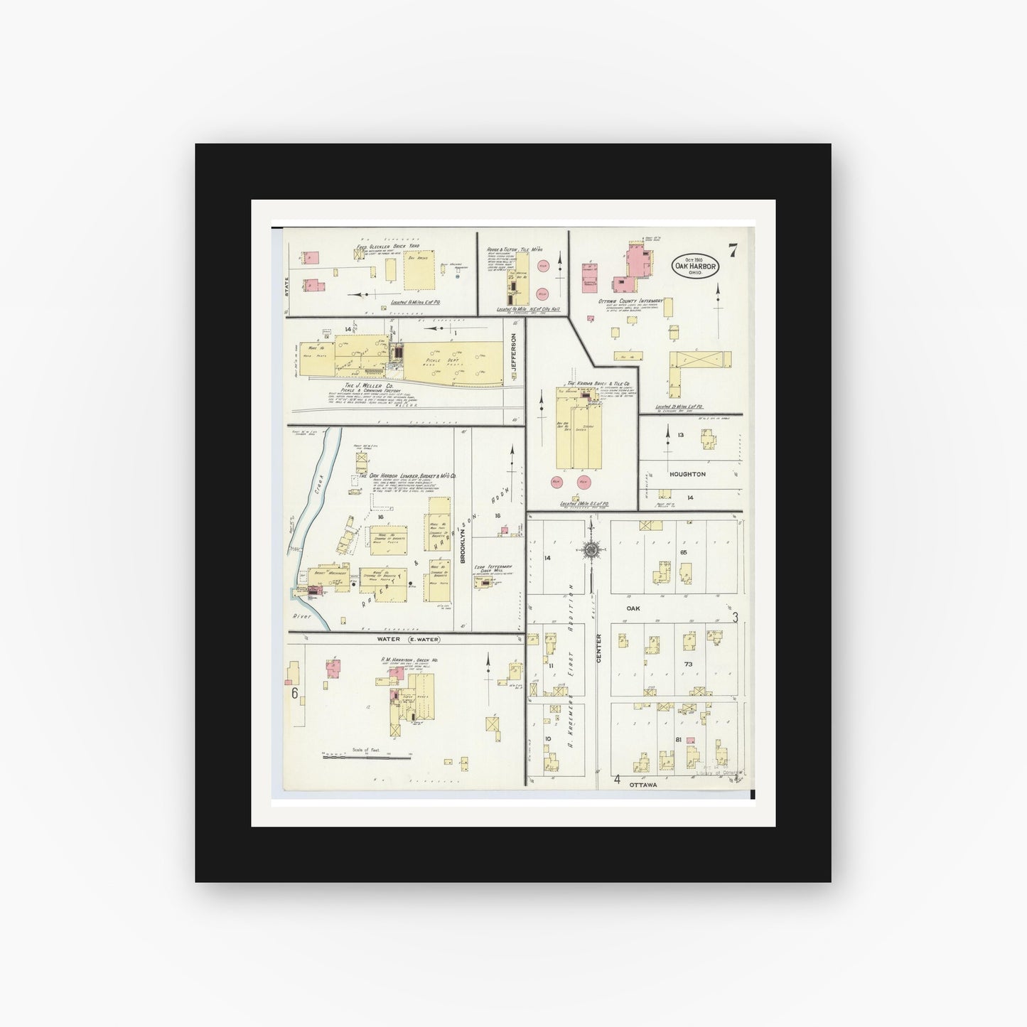 Old map wall art mockup — black gallery frame with white mat — Sanborn Fire Insurance Map from Oak Harbor, Ottawa County, Ohio (1910), Sheet #0007