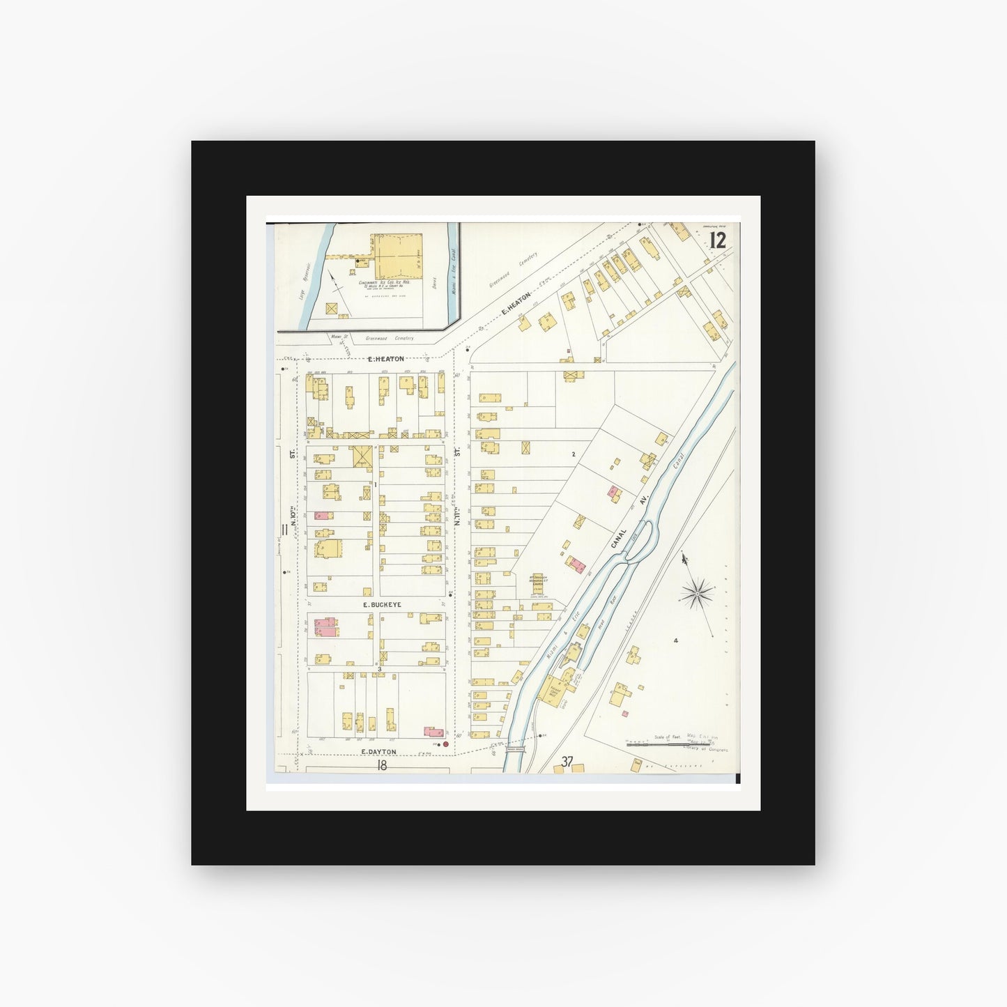 Old map wall art mockup — black gallery frame with white mat — Sanborn Fire Insurance Map from Hamilton, Butler County, Ohio (1899), Sheet #0012