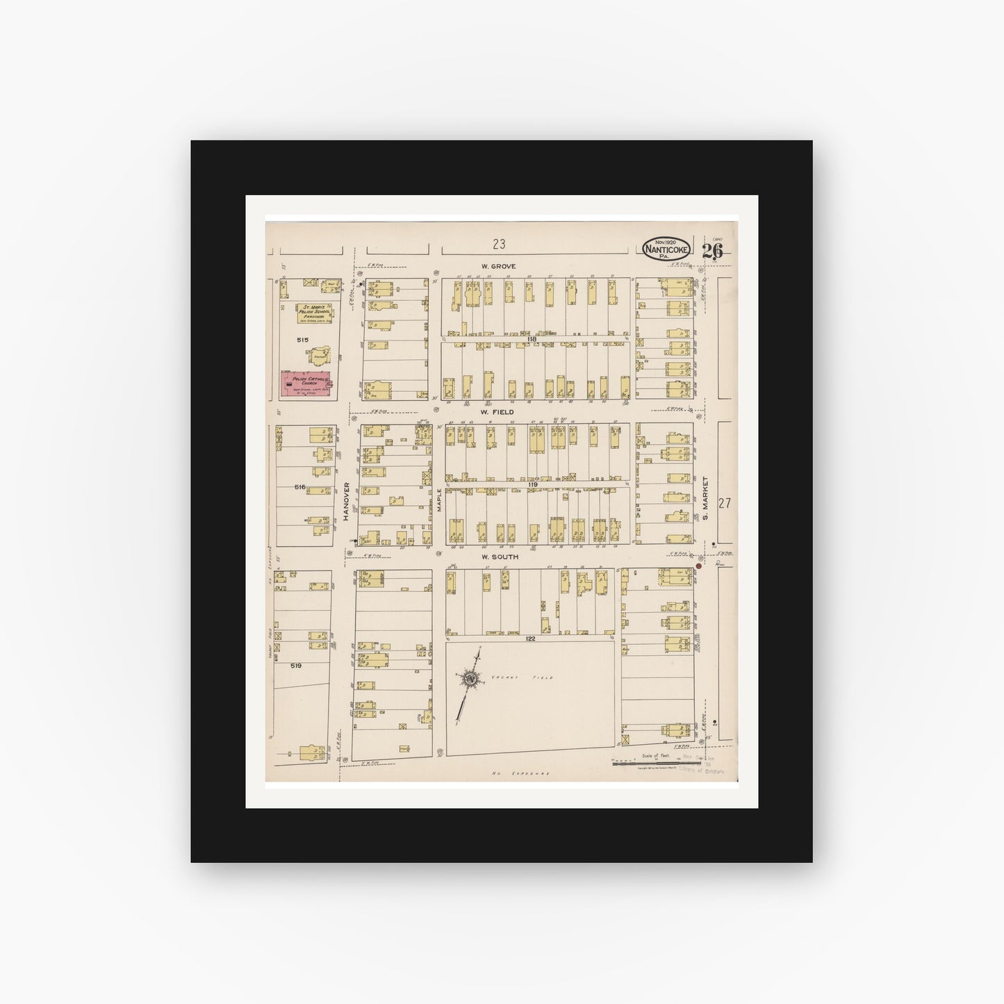 Old map wall art mockup — black gallery frame with white mat — Sanborn Fire Insurance Map from Nanticoke, Luzerne County, Pennsylvania (1920), Sheet #0026