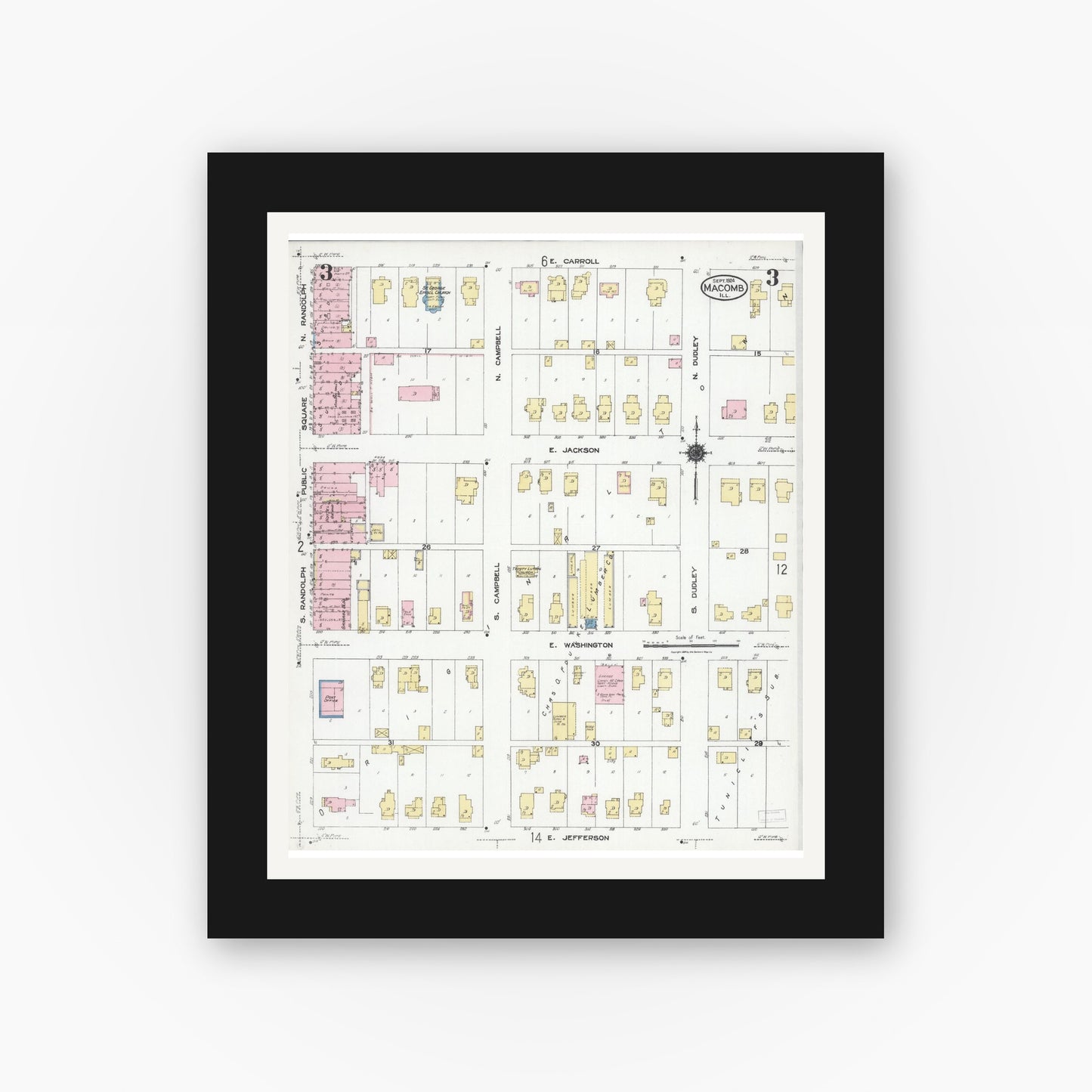 Old map wall art mockup — black gallery frame with white mat — Sanborn Fire Insurance Map from Macomb, Mcdonough County, Illinois (1924), Sheet #0003