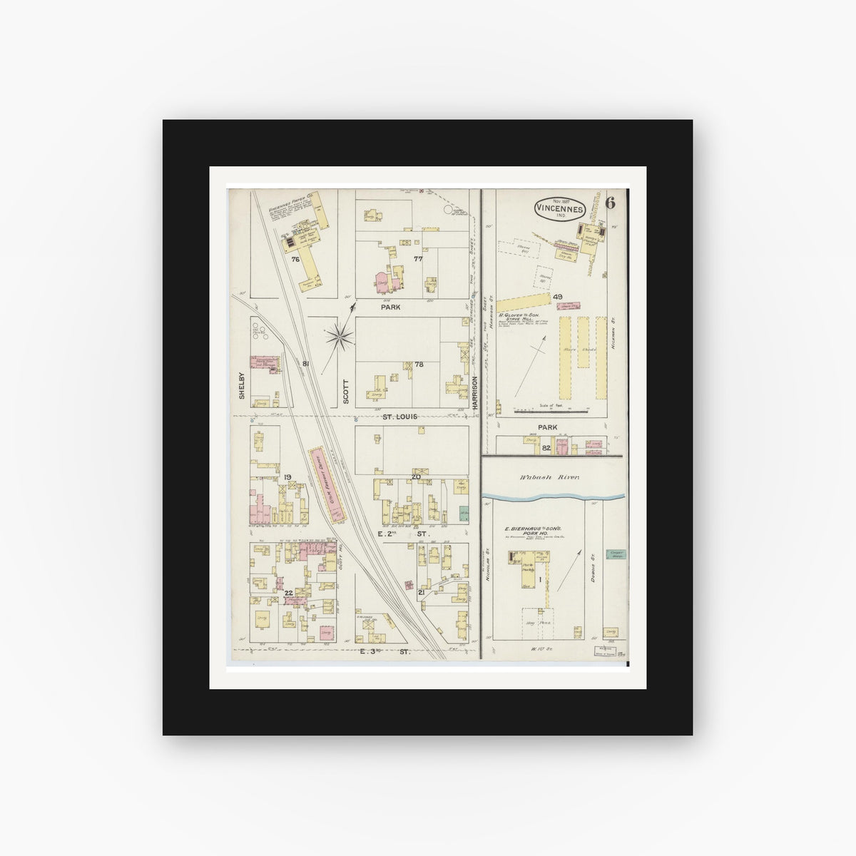 Old map wall art mockup — black gallery frame with white mat — Sanborn Fire Insurance Map from Vincennes, Knox County, Indiana (1887), Sheet #0006