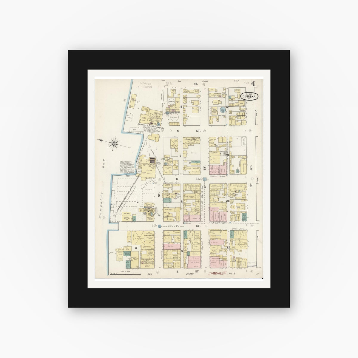 Old map wall art mockup — black gallery frame with white mat — Sanborn Fire Insurance Map from Eureka, Humboldt County, California (1889), Sheet #0004