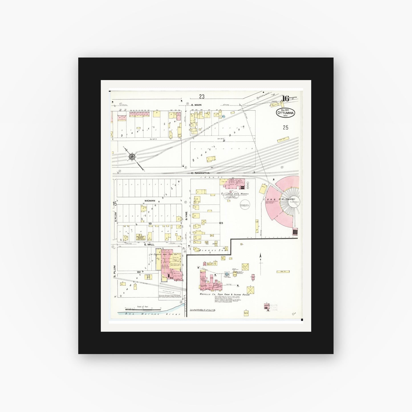 Old map wall art mockup — black gallery frame with white mat — Sanborn Fire Insurance Map from Ottumwa, Wapello County, Iowa (1909), Sheet #0016