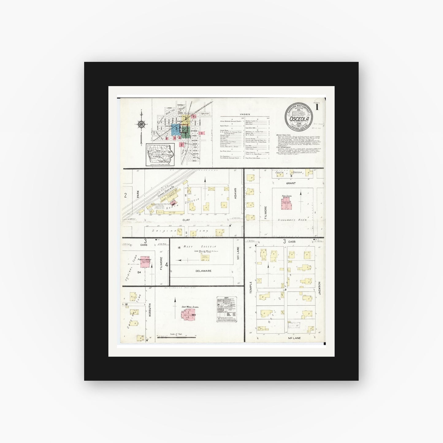 Old map wall art mockup — black gallery frame with white mat — Sanborn Fire Insurance Map from Osceola, Clarke County, Iowa (1913) — Complete Set