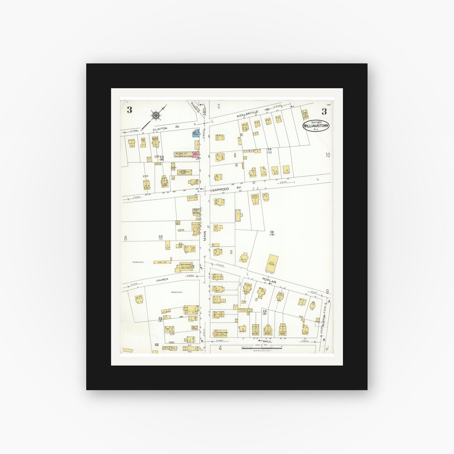 Old map wall art mockup — black gallery frame with white mat — Sanborn Fire Insurance Map from Williamstown, Gloucester County, New Jersey (1923), Sheet #0003