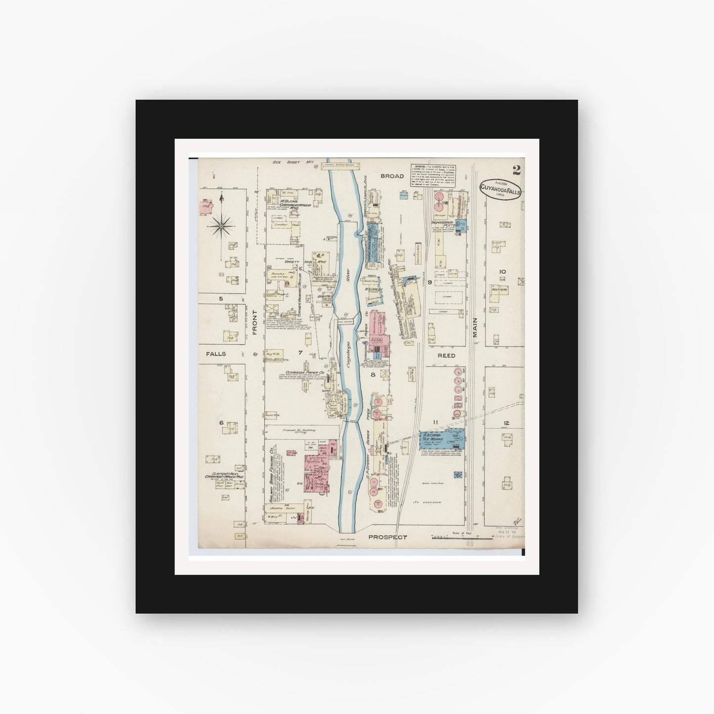 Old map wall art mockup — black gallery frame with white mat — Sanborn Fire Insurance Map from Cuyahoga Falls, Summit County, Ohio (1884), Sheet #0002