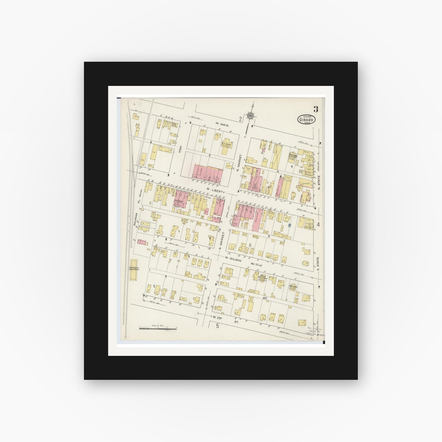 Old map wall art mockup — black gallery frame with white mat — Sanborn Fire Insurance Map from Girard, Trumbull County, Ohio (1915), Sheet #0003