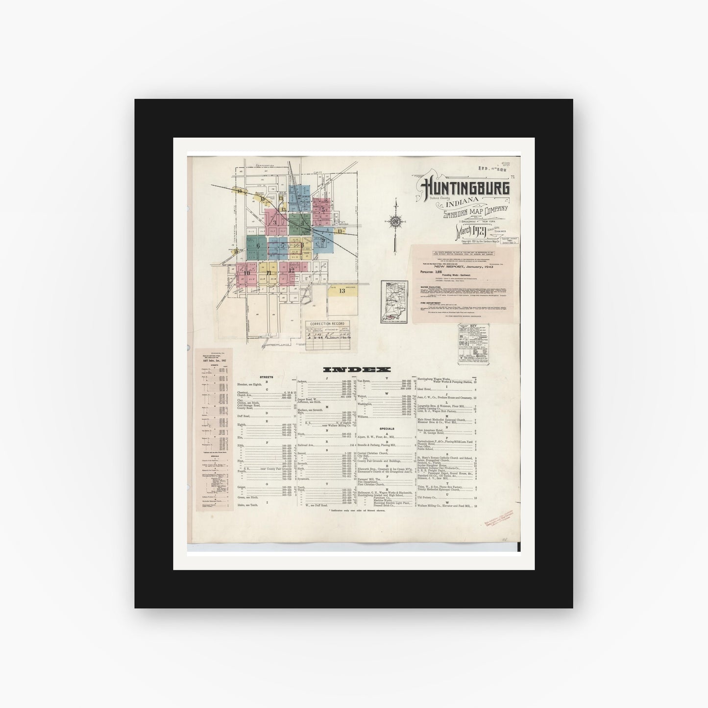 Old map wall art mockup — black gallery frame with white mat — Sanborn Fire Insurance Map from Huntingburg, Dubois County, Indiana (1949) - Complete Map Set