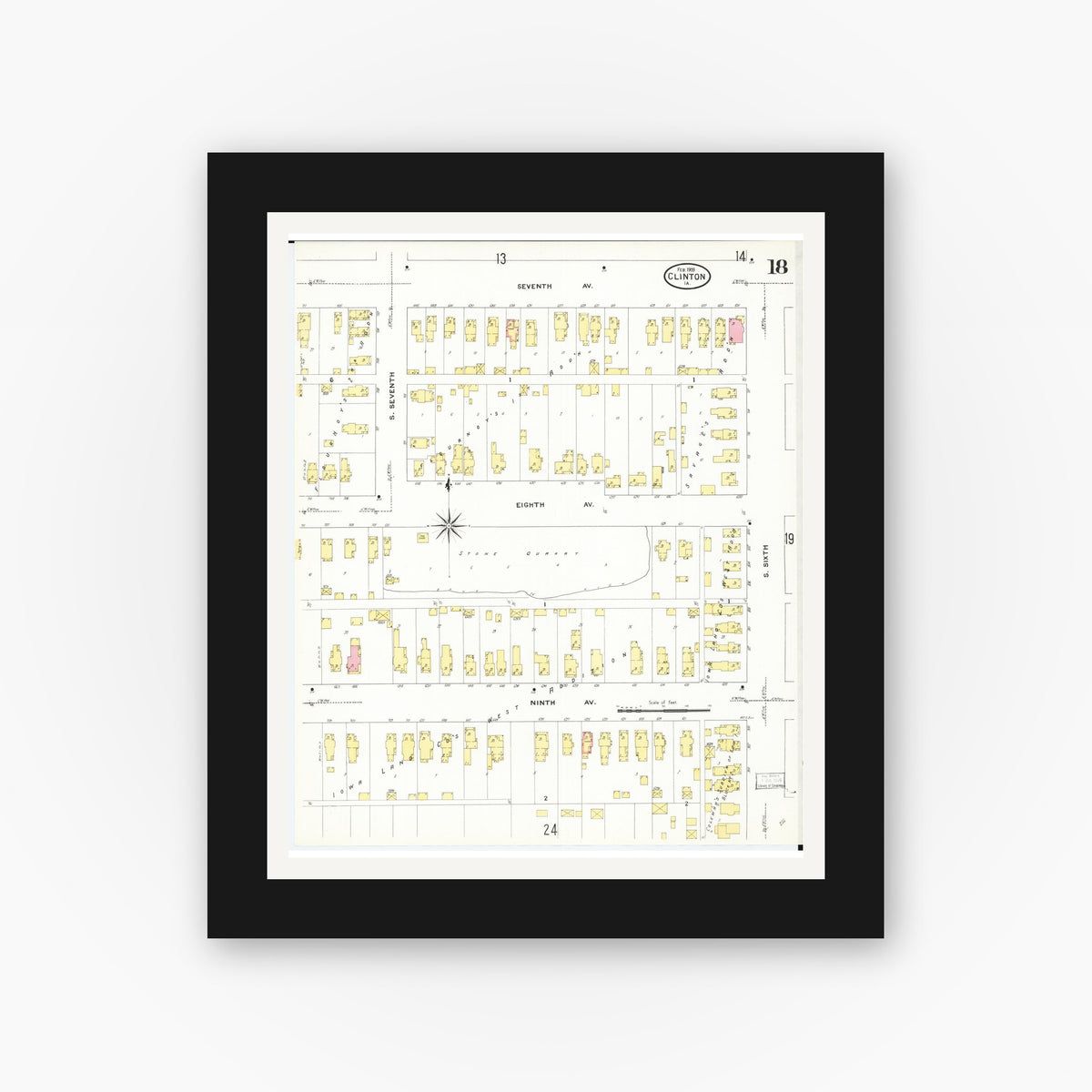Old map wall art mockup — black gallery frame with white mat — Sanborn Fire Insurance Map from Clinton, Clinton County, Iowa (1909), Sheet #0018