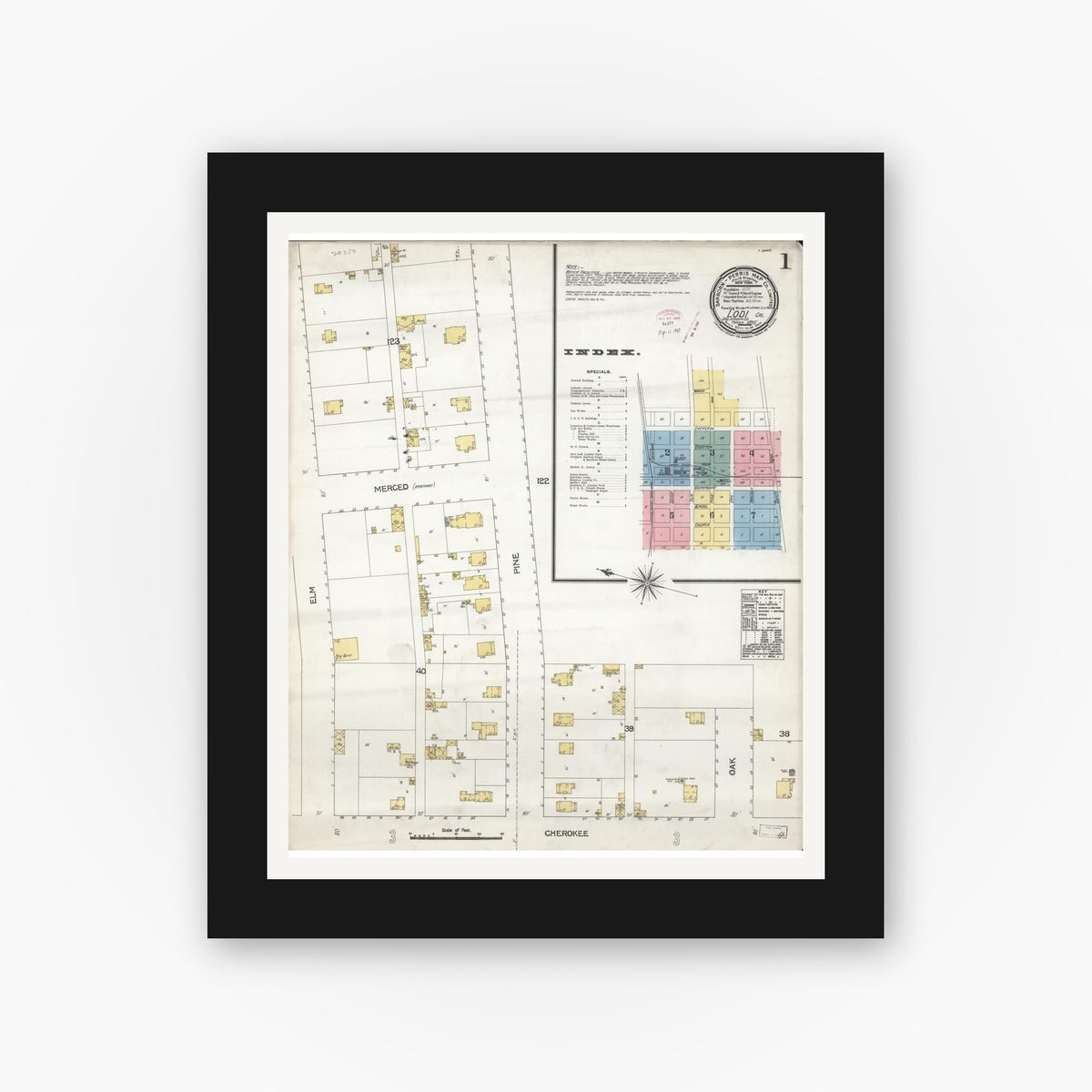 Old map wall art mockup — black gallery frame with white mat — Sanborn Fire Insurance Map from Lodi, San Joaquin County, California (1895) - Complete Map Set