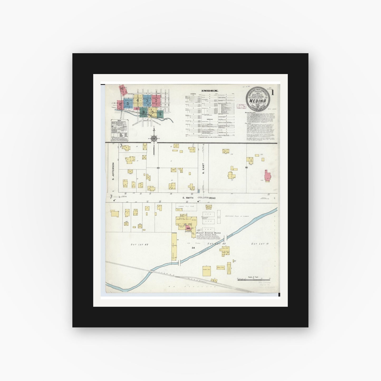 Old map wall art mockup — black gallery frame with white mat — Sanborn Fire Insurance Map from Medina, Medina County, Ohio (1911) - Complete Map Set