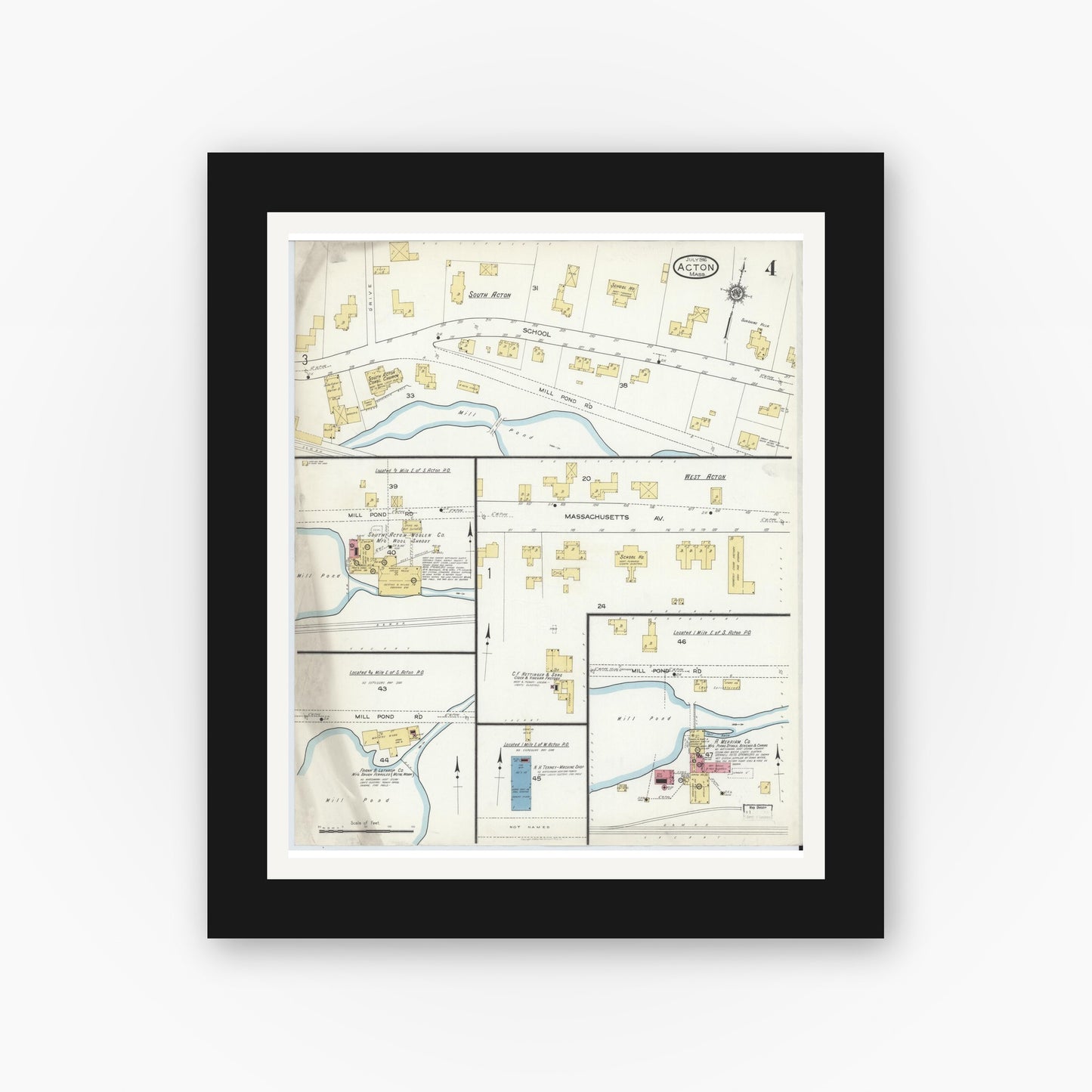 Old map wall art mockup — black gallery frame with white mat — Sanborn Fire Insurance Map from Acton, Middlesex County, Massachusetts (1916), Sheet #0004