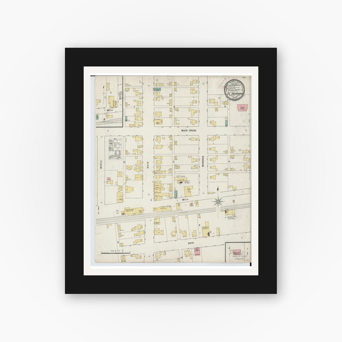 Old map wall art mockup — black gallery frame with white mat — Sanborn Fire Insurance Map from El Dorado, Preble County, Ohio (1885), Sheet #0001