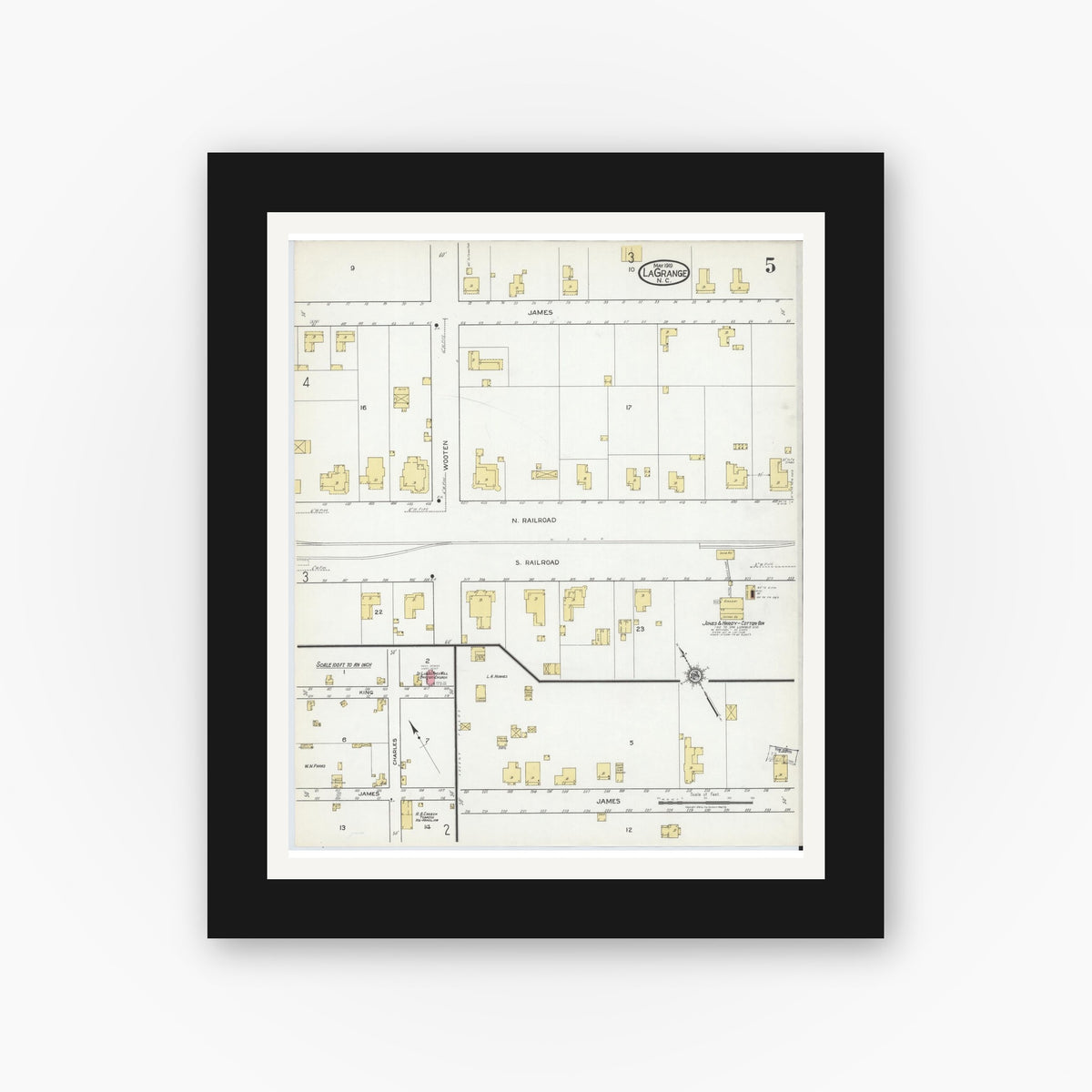 Old map wall art mockup — black gallery frame with white mat — Sanborn Fire Insurance Map from La Grange, Lenoir County, North Carolina (1919), Sheet #0005