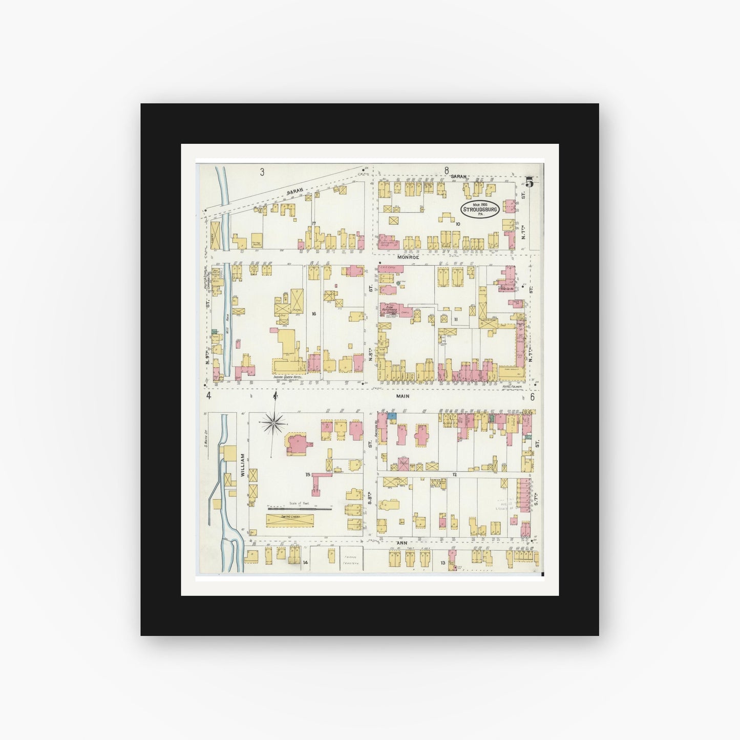 Old map wall art mockup — black gallery frame with white mat — Sanborn Fire Insurance Map from Stroudsburg, Monroe County, Pennsylvania (1905), Sheet #0005
