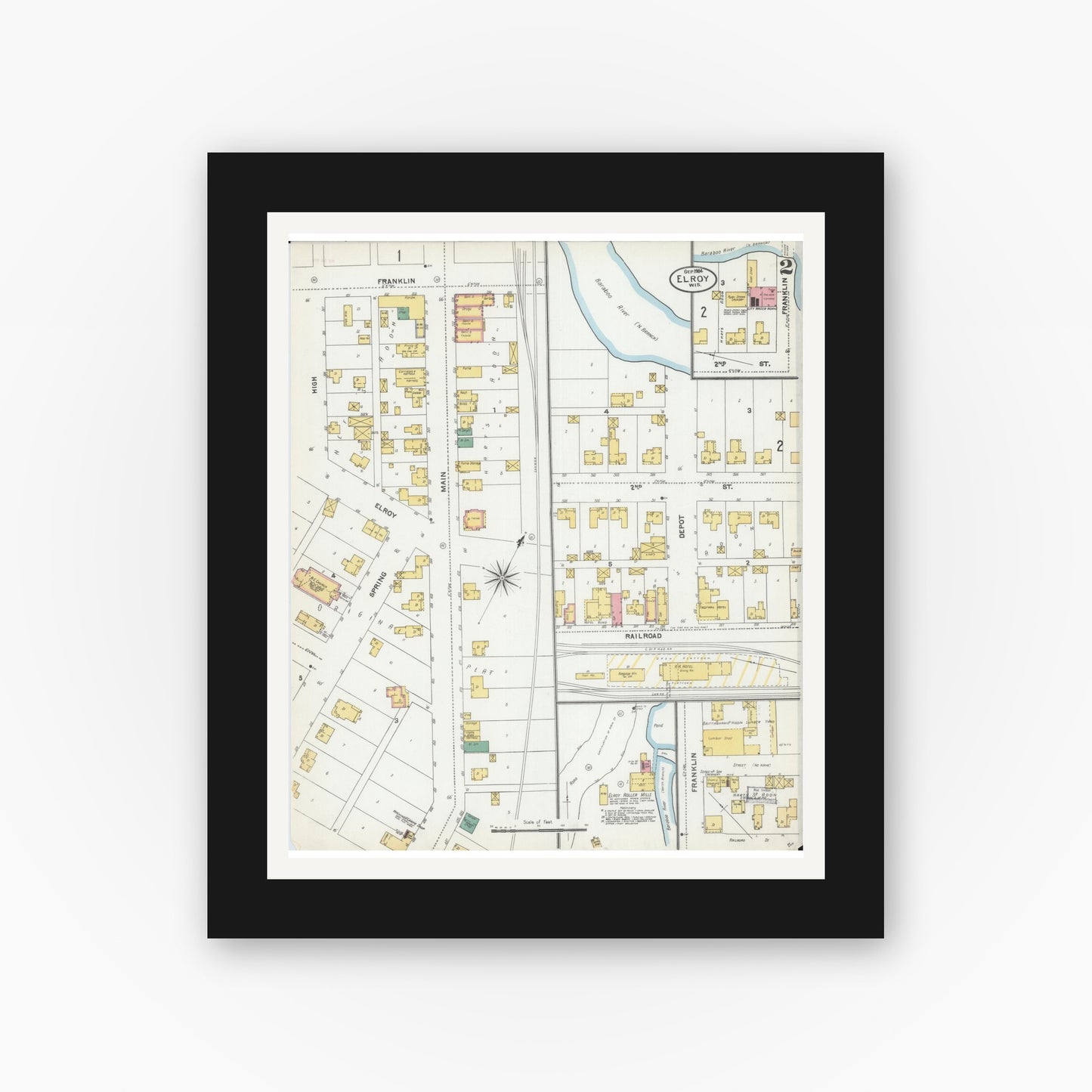 Old map wall art mockup — black gallery frame with white mat — Sanborn Fire Insurance Map from Elroy, Juneau County, Wisconsin (1904), Sheet #0002