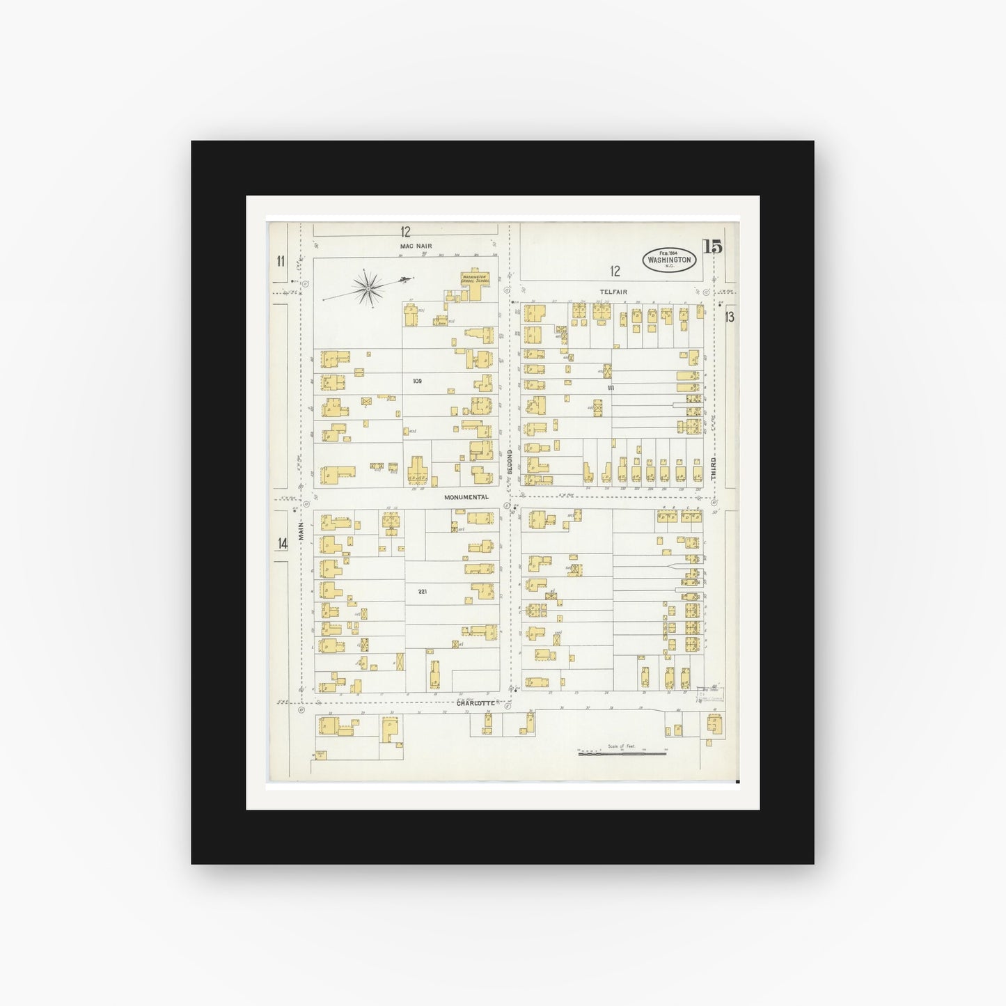 Old map wall art mockup — black gallery frame with white mat — Sanborn Fire Insurance Map from Washington, Beaufort County, North Carolina (1904), Sheet #0015
