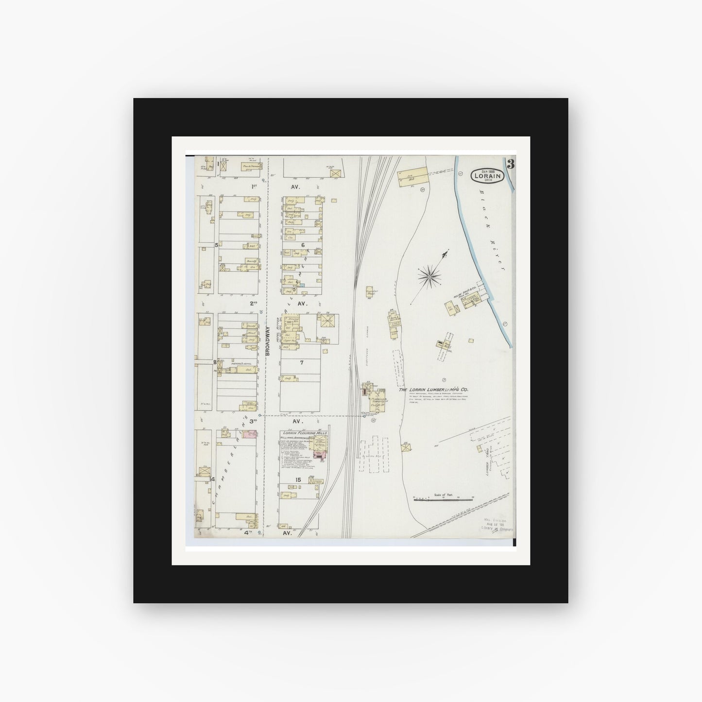 Old map wall art mockup — black gallery frame with white mat — Sanborn Fire Insurance Map from Lorain, Lorain County, Ohio (1888), Sheet #0003