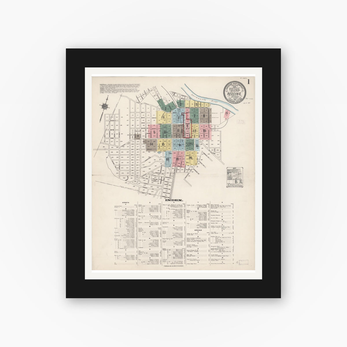 Old map wall art mockup — black gallery frame with white mat — Sanborn Fire Insurance Map from Redding, Shasta County, California (1912) - Complete Map Set