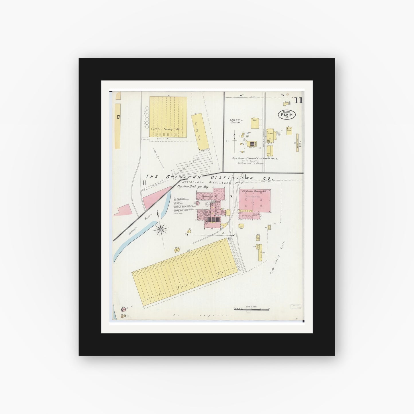 Old map wall art mockup — black gallery frame with white mat — Sanborn Fire Insurance Map from Pekin, Tazewell County, Illinois (1898), Sheet #0011