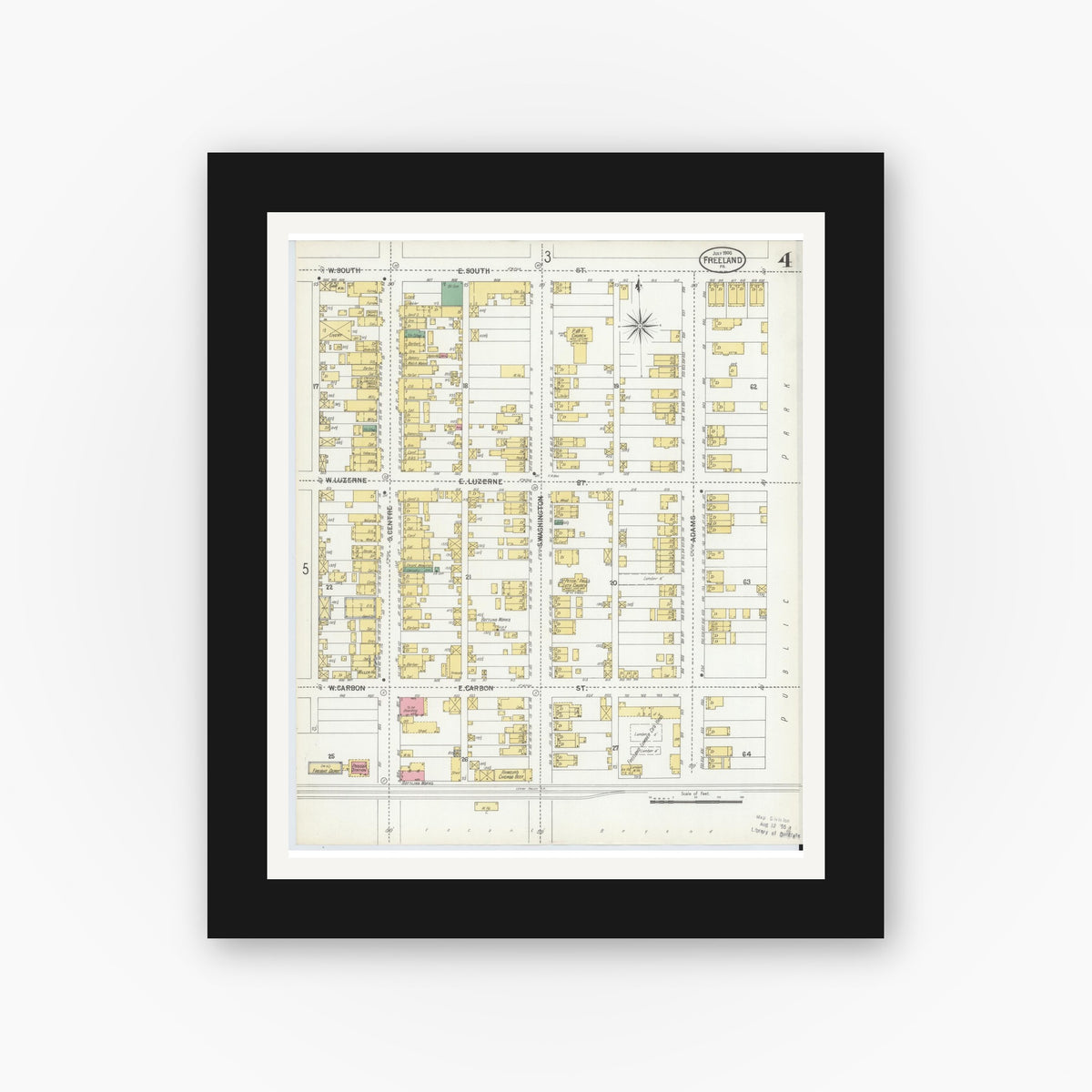 Old map wall art mockup — black gallery frame with white mat — Sanborn Fire Insurance Map from Freeland, Luzerne County, Pennsylvania (1900), Sheet #0004