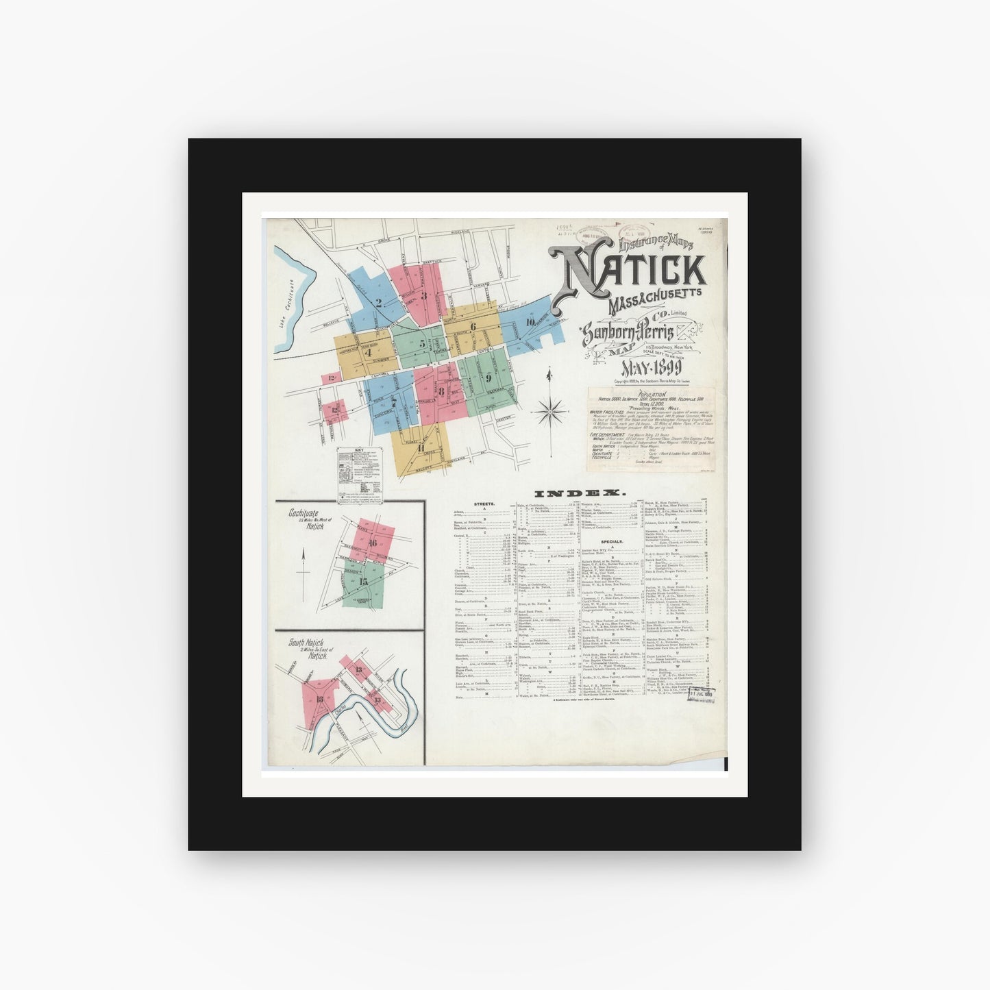 Old map wall art mockup — black gallery frame with white mat — Sanborn Fire Insurance Map from Natick, Middlesex County, Massachusetts (1899), Sheet #0001