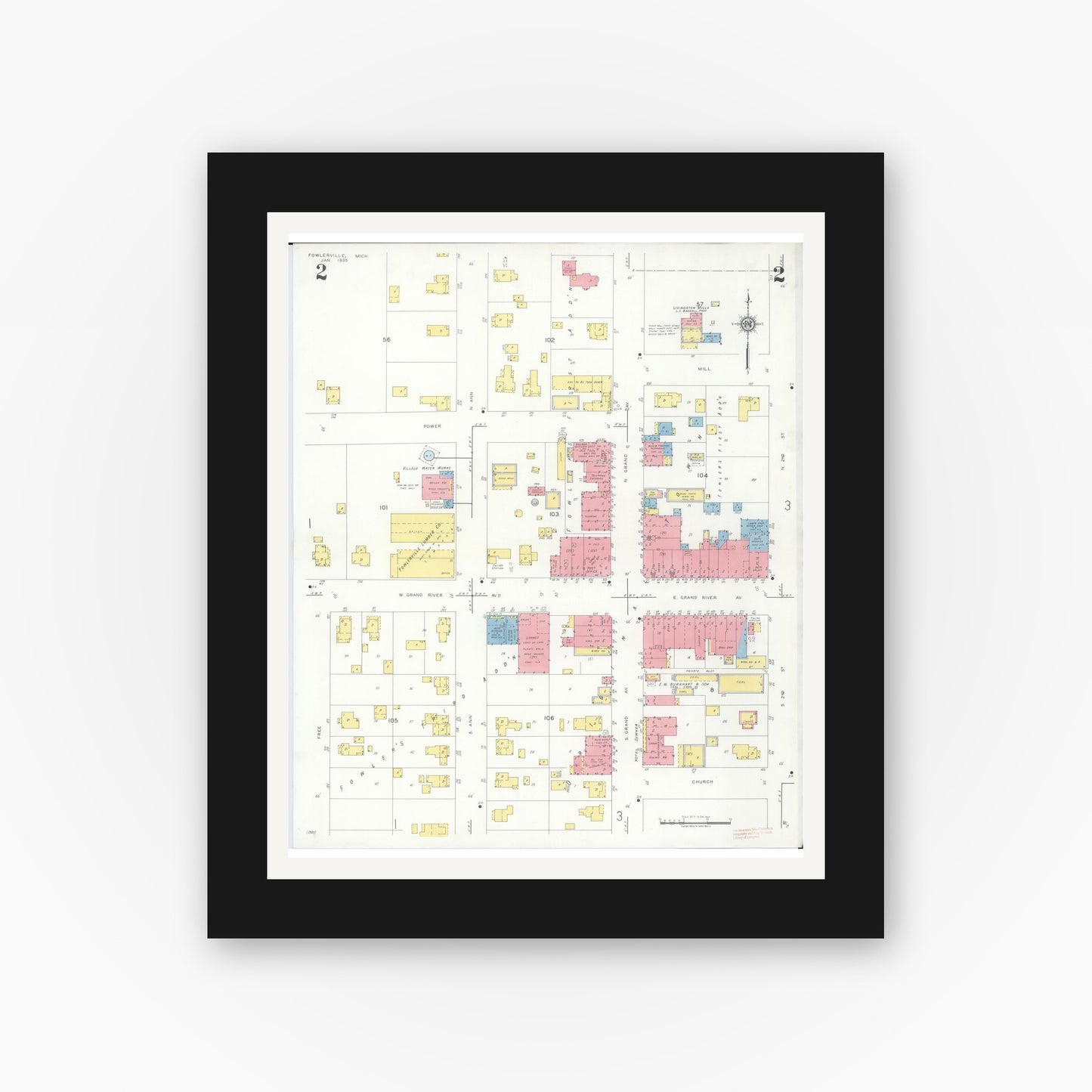 Old map wall art mockup — black gallery frame with white mat — Sanborn Fire Insurance Map from Fowlerville, Livingston County, Michigan (1935), Sheet #0002