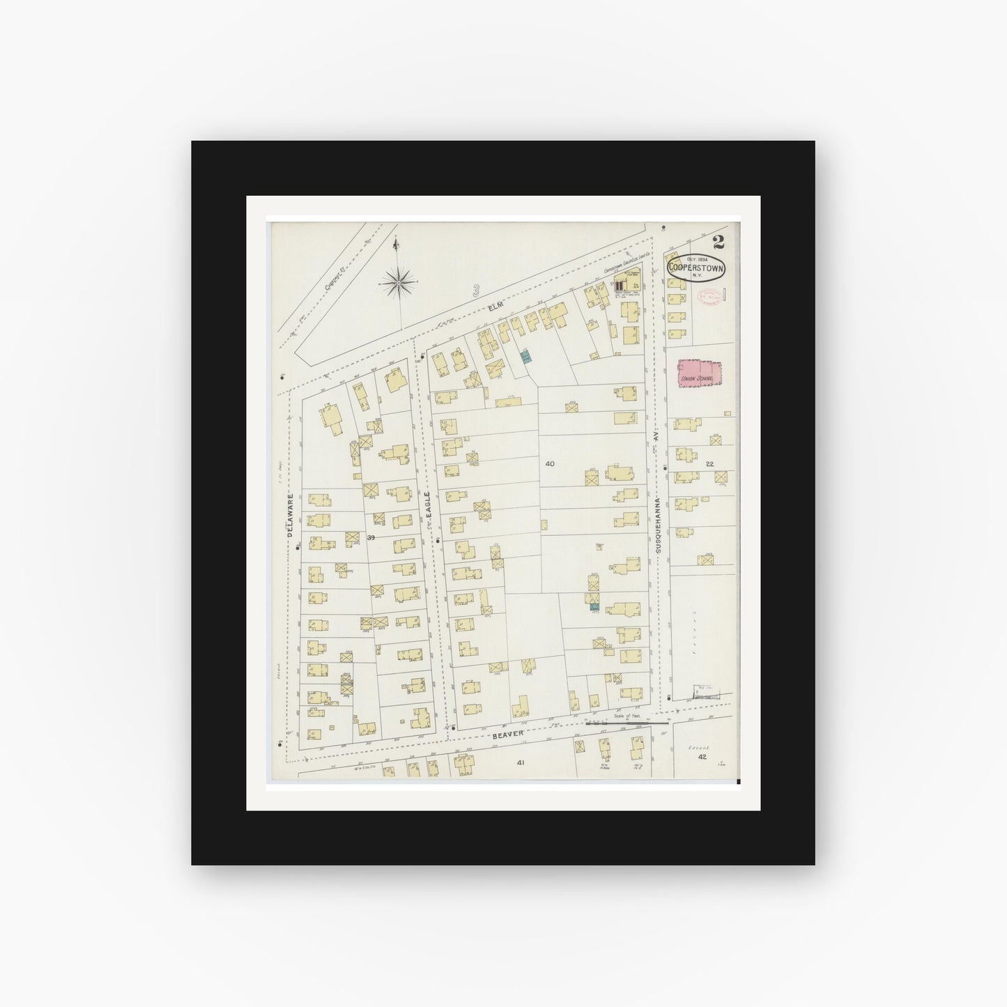 Old map wall art mockup — black gallery frame with white mat — Sanborn Fire Insurance Map from Cooperstown, Otsego County, New York (1894) - Complete Map Set