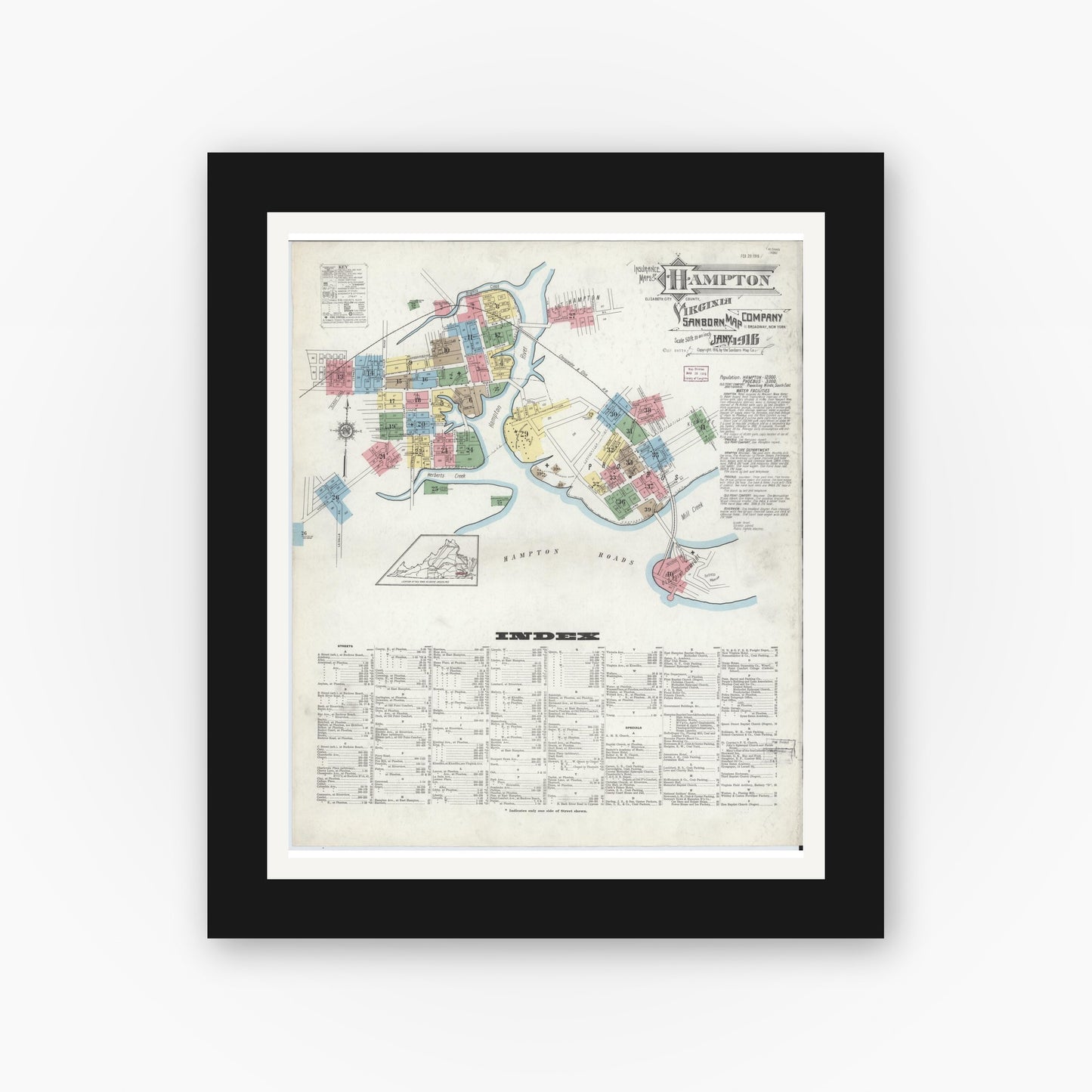 Old map wall art mockup — black gallery frame with white mat — Sanborn Fire Insurance Map from Hampton, Independent Cities, Virginia (1916) - Complete Map Set
