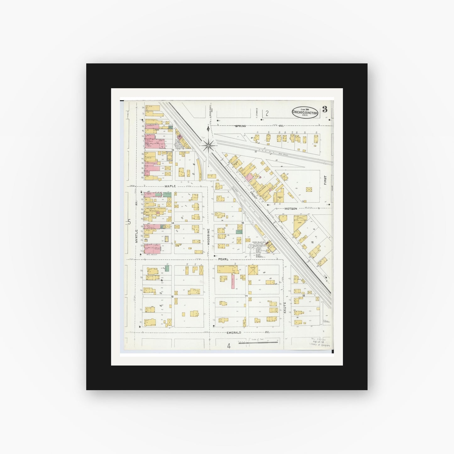 Old map wall art mockup — black gallery frame with white mat — Sanborn Fire Insurance Map from Chicago Junction, Huron County, Ohio (1904), Sheet #0003