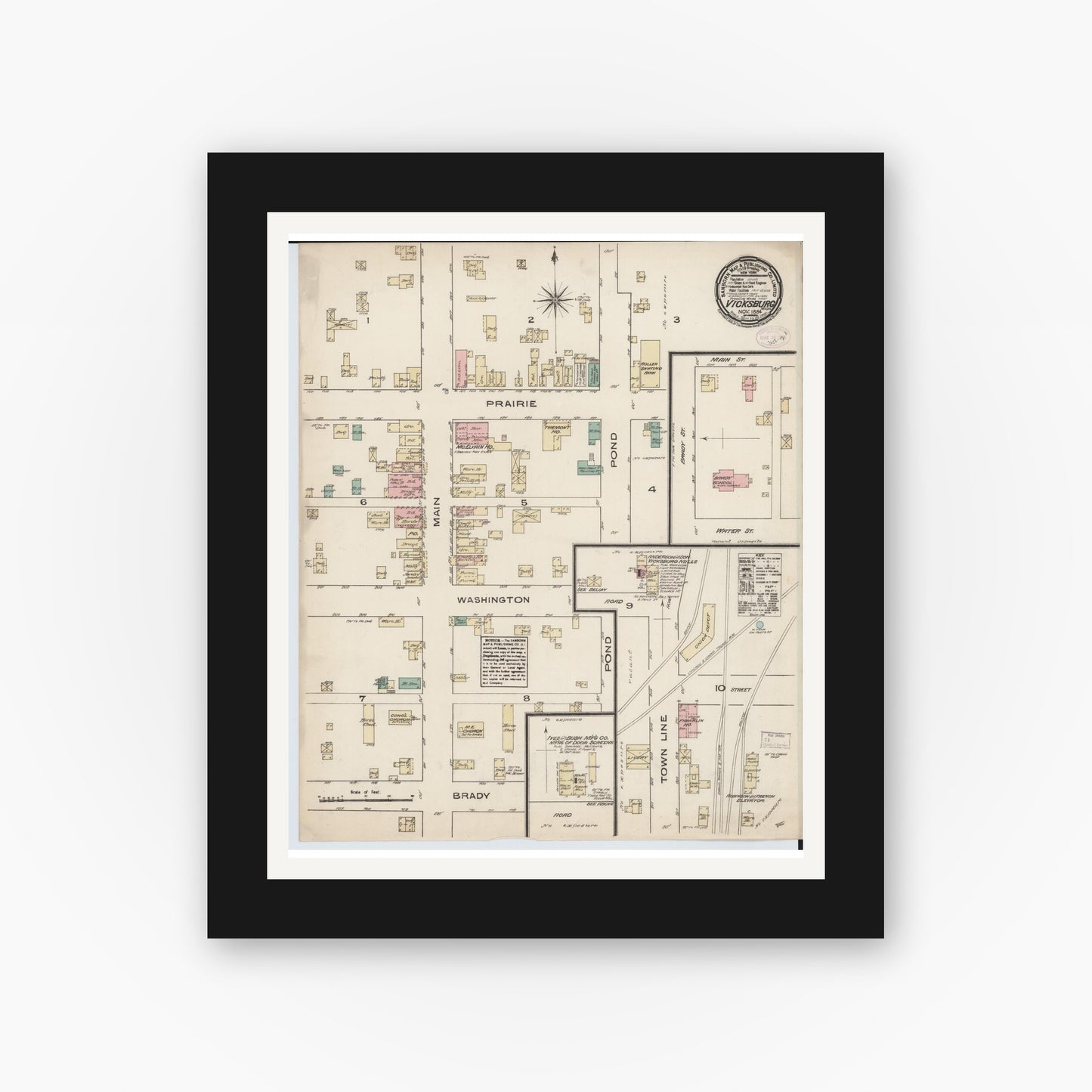 Old map wall art mockup — black gallery frame with white mat — Sanborn Fire Insurance Map from Vicksburg, Kalamazoo County, Michigan (1884), Sheet #0001