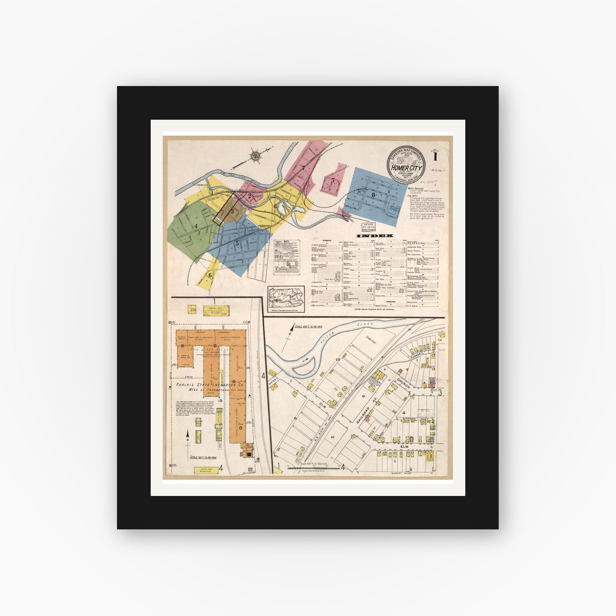 Old map wall art mockup — black gallery frame with white mat — Sanborn Fire Insurance Map from Homer City, Indiana County, Pennsylvania (1917), Sheet #0001