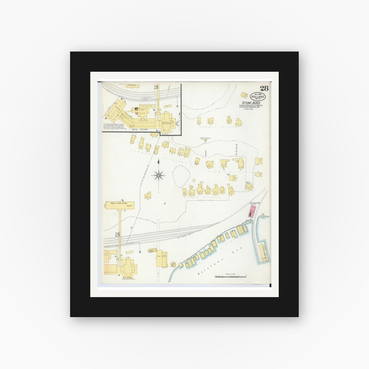 Old map wall art mockup — black gallery frame with white mat — Sanborn Fire Insurance Map from Holland, Ottawa County, Michigan (1908), Sheet #0028