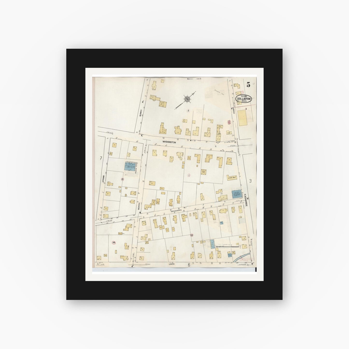 Old map wall art mockup — black gallery frame with white mat — Sanborn Fire Insurance Map from Holliston, Middlesex County, Massachusetts (1942), Sheet #0005