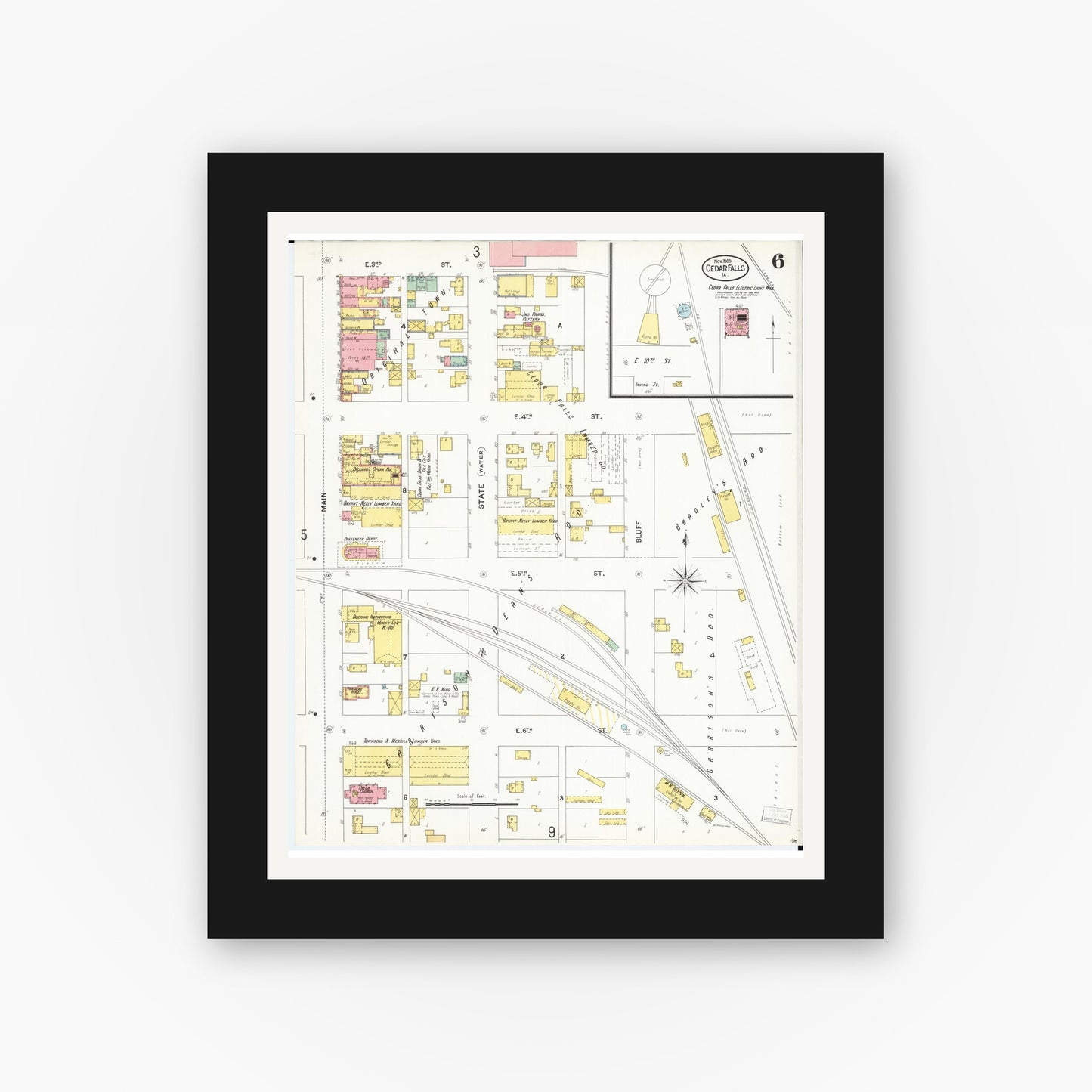 Old map wall art mockup β black gallery frame with white mat β Sanborn Fire Insurance Map from Cedar Falls, Black Hawk County, Iowa (1900), Sheet #0006
