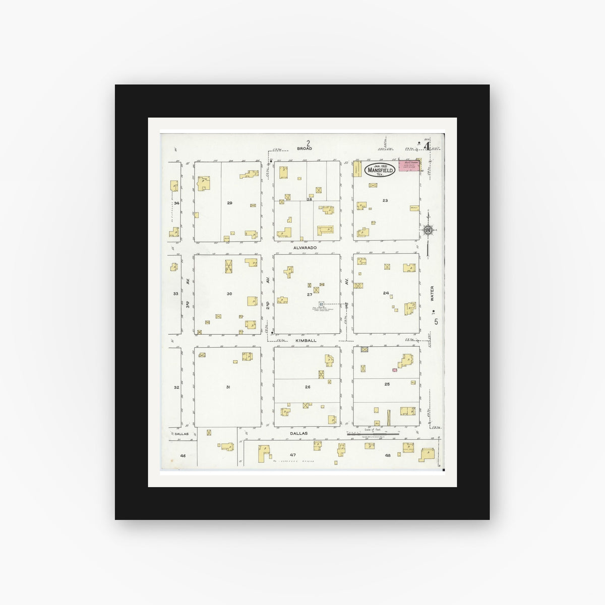 Old map wall art mockup — black gallery frame with white mat — Sanborn Fire Insurance Map from Mansfield, Tarrant County, Texas (1921), Sheet #0004