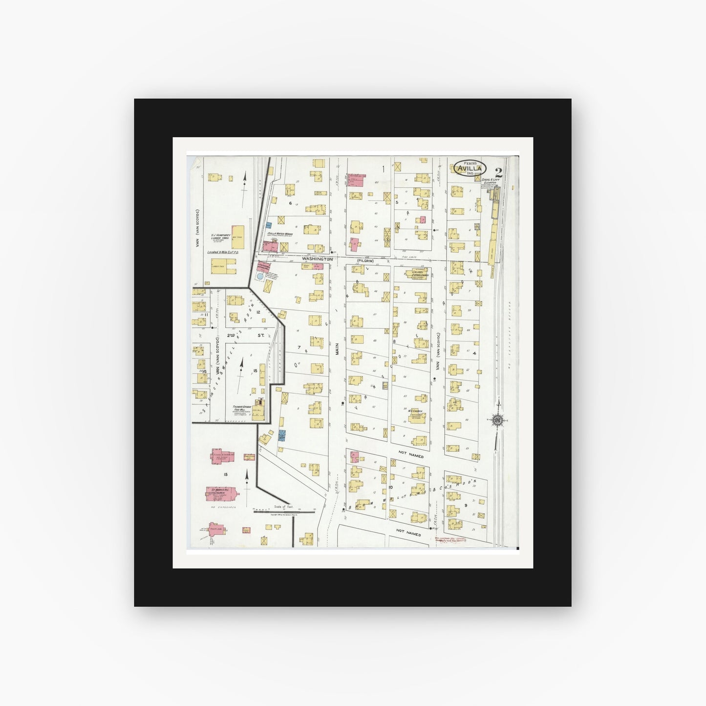 Old map wall art mockup — black gallery frame with white mat — Sanborn Fire Insurance Map from Avilla, Noble County, Indiana (1919), Sheet #0002