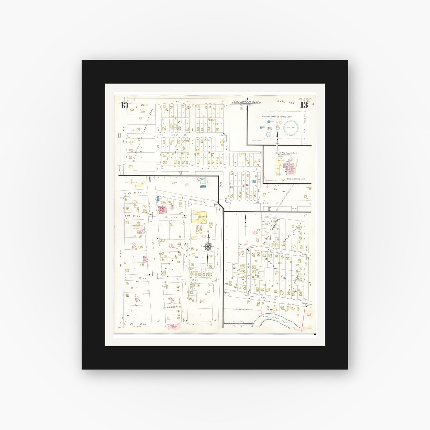 Old map wall art mockup — black gallery frame with white mat — Sanborn Fire Insurance Map from Spencer, Clay County, Iowa (1946), Sheet #0013