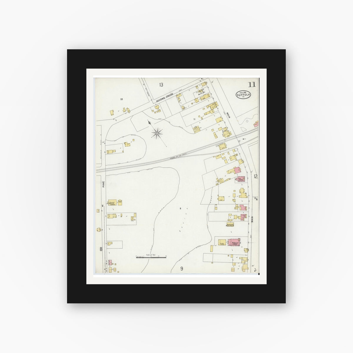 Old map wall art mockup — black gallery frame with white mat — Sanborn Fire Insurance Map from Suffolk, Independent Cities, Virginia (1898), Sheet #0011