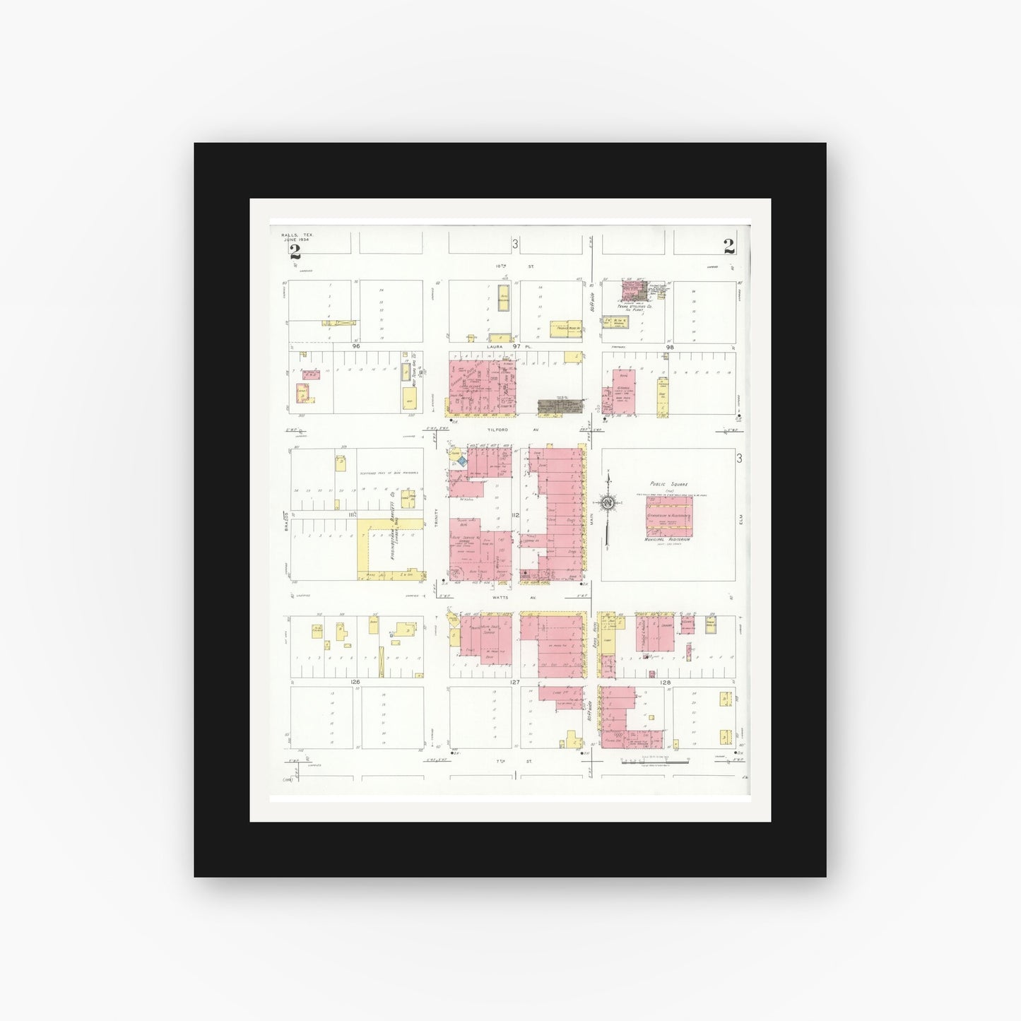 Old map wall art mockup — black gallery frame with white mat — Sanborn Fire Insurance Map from Ralls, Crosby County, Texas (1934), Sheet #0002