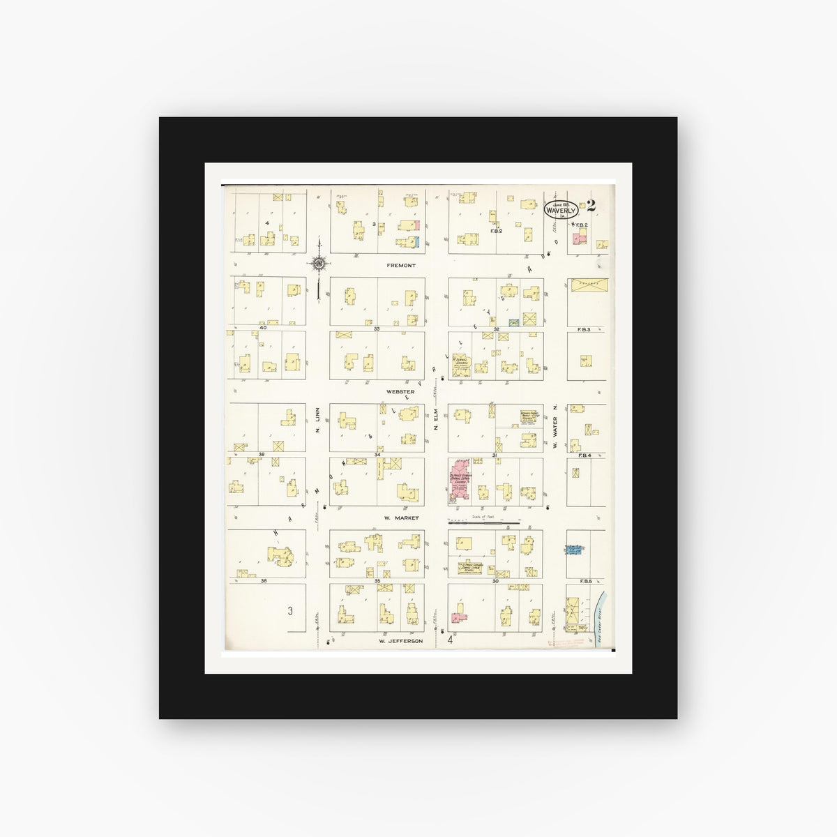 Old map wall art mockup — black gallery frame with white mat — Sanborn Fire Insurance Map from Waverly, Bremer County, Iowa (1915), Sheet #0002