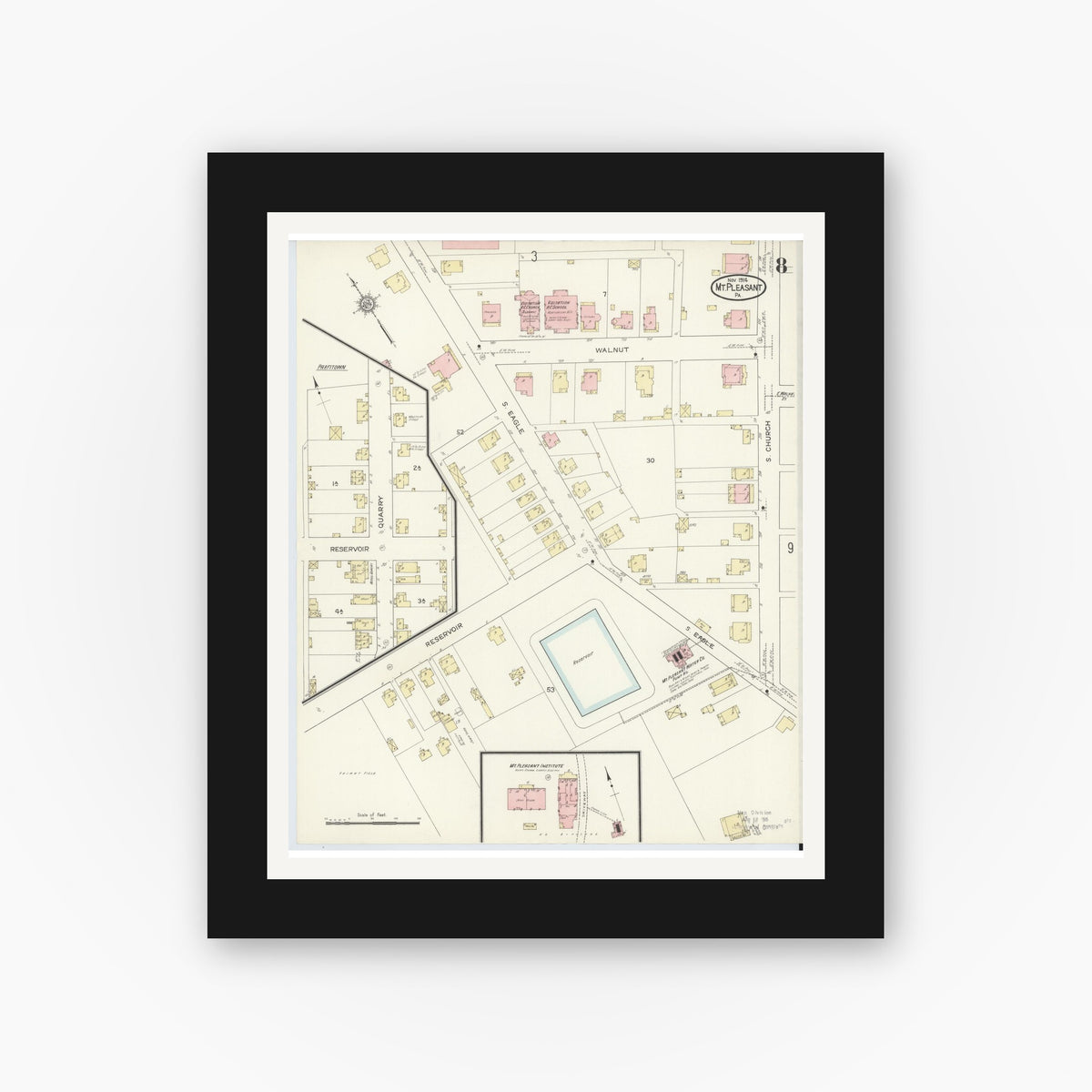 Old map wall art mockup — black gallery frame with white mat — Sanborn Fire Insurance Map from Mount Pleasant, Westmoreland County, Pennsylvania (1914), Sheet #0008