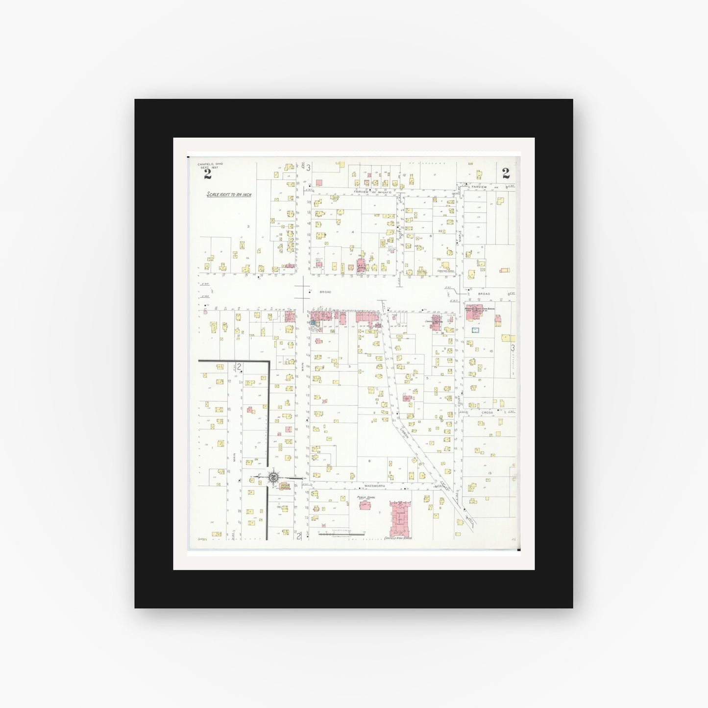 Old map wall art mockup — black gallery frame with white mat — Sanborn Fire Insurance Map from Canfield, Mahoning County, Ohio (1937), Sheet #0002