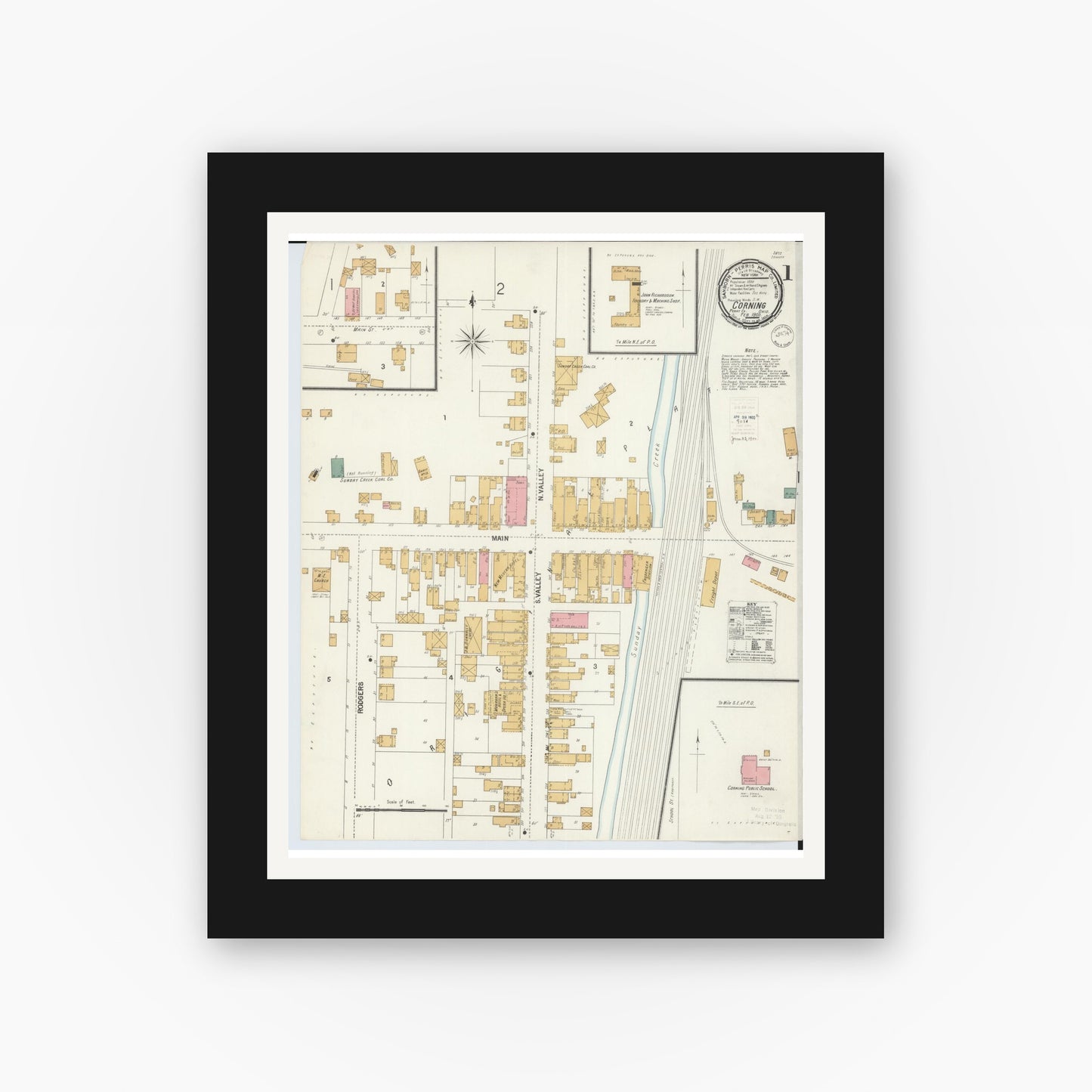 Old map wall art mockup — black gallery frame with white mat — Sanborn Fire Insurance Map from Corning, Perry County, Ohio (1900), Sheet #0001