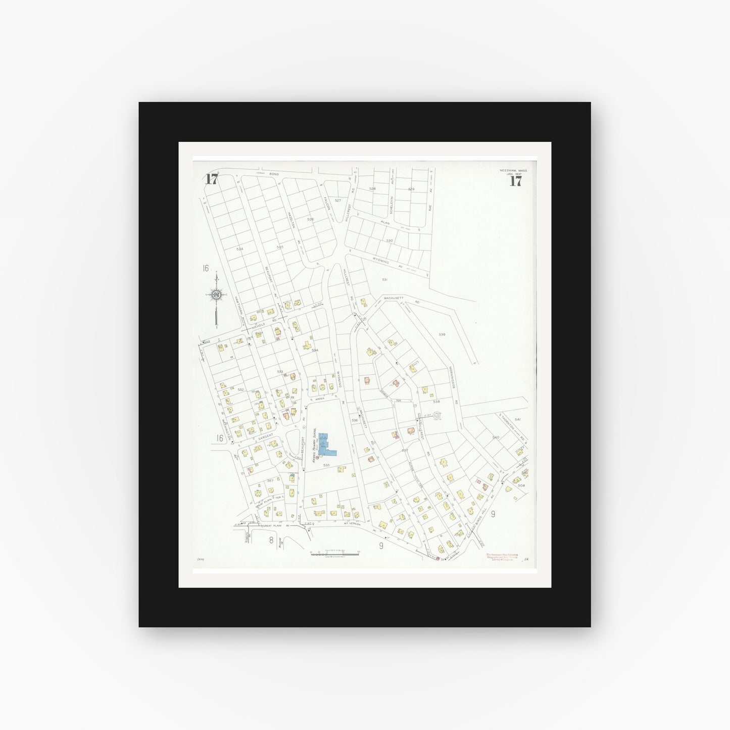 Old map wall art mockup — black gallery frame with white mat — Sanborn Fire Insurance Map from Needham, Norfolk County, Massachusetts (1937), Sheet #0017