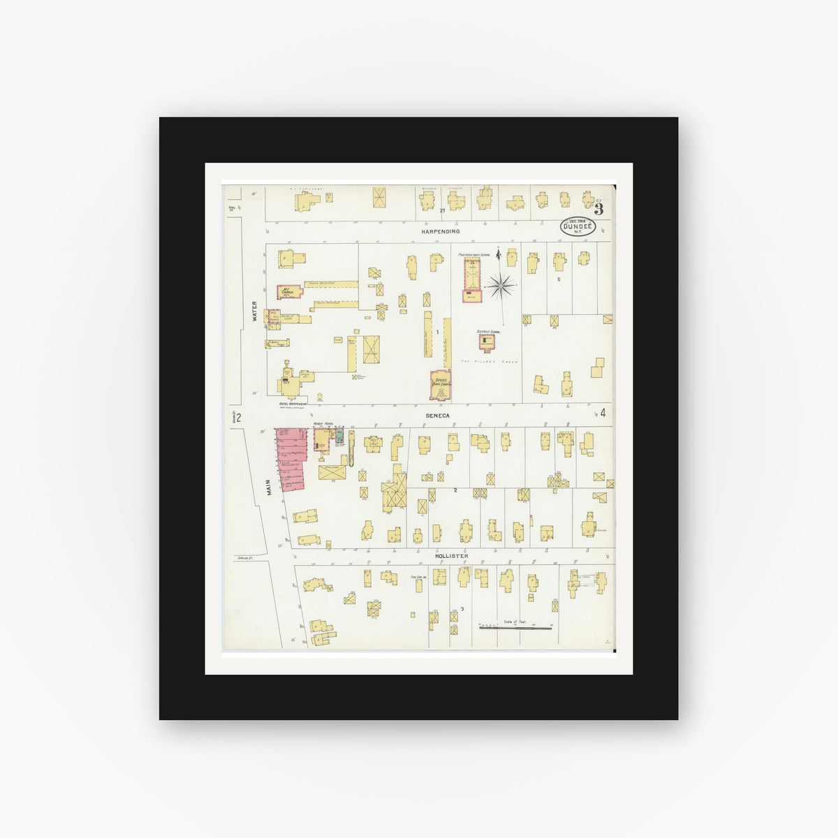 Old map wall art mockup — black gallery frame with white mat — Sanborn Fire Insurance Map from Dundee, Yates County, New York (1904), Sheet #0003