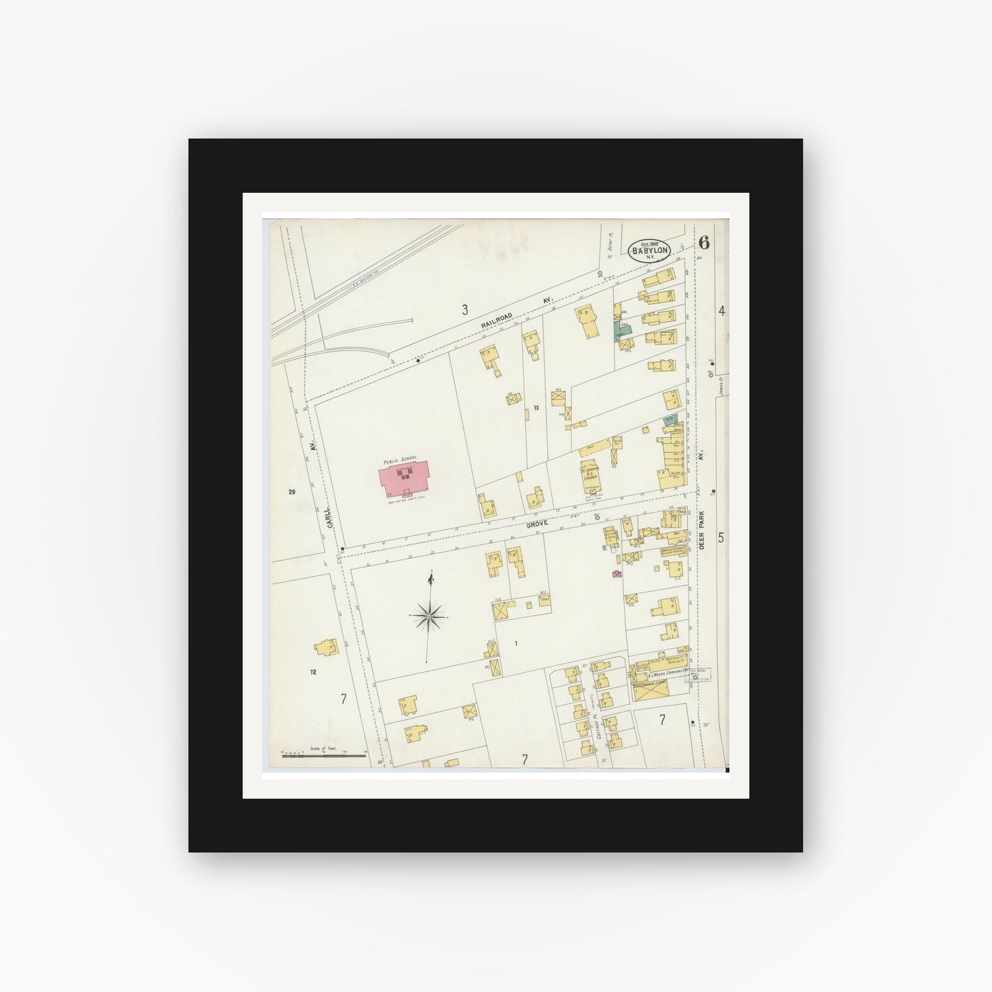 Old map wall art mockup — black gallery frame with white mat — Sanborn Fire Insurance Map from Babylon, Suffolk County, New York (1902), Sheet #0006