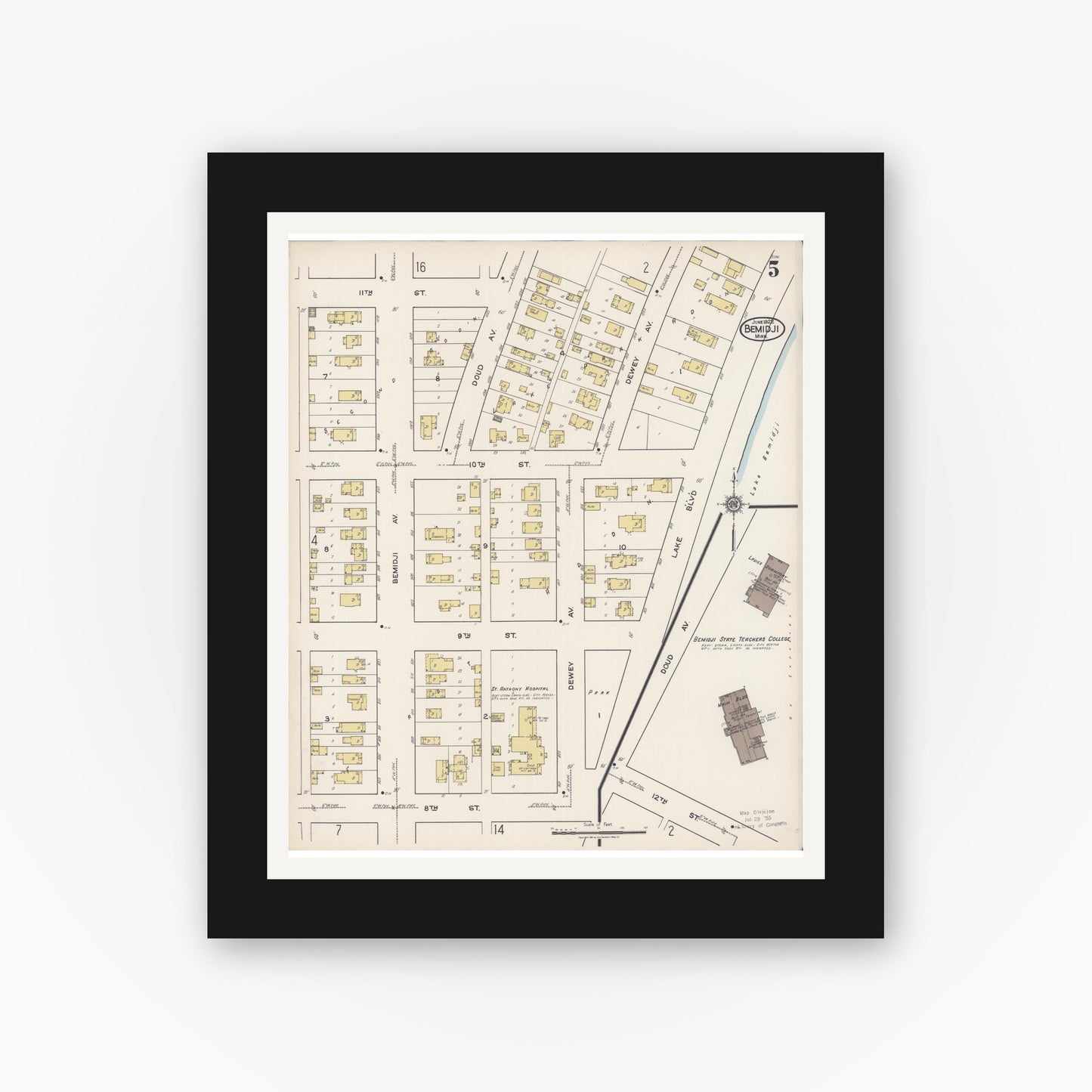Old map wall art mockup — black gallery frame with white mat — Sanborn Fire Insurance Map from Bemidji, Beltrami County, Minnesota (1922), Sheet #0005